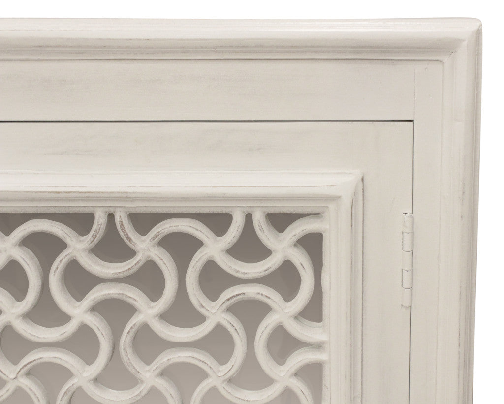 76" Antiqued White Distressed Solid Wood Carved Geometric Sideboard with Four Doors Default Title