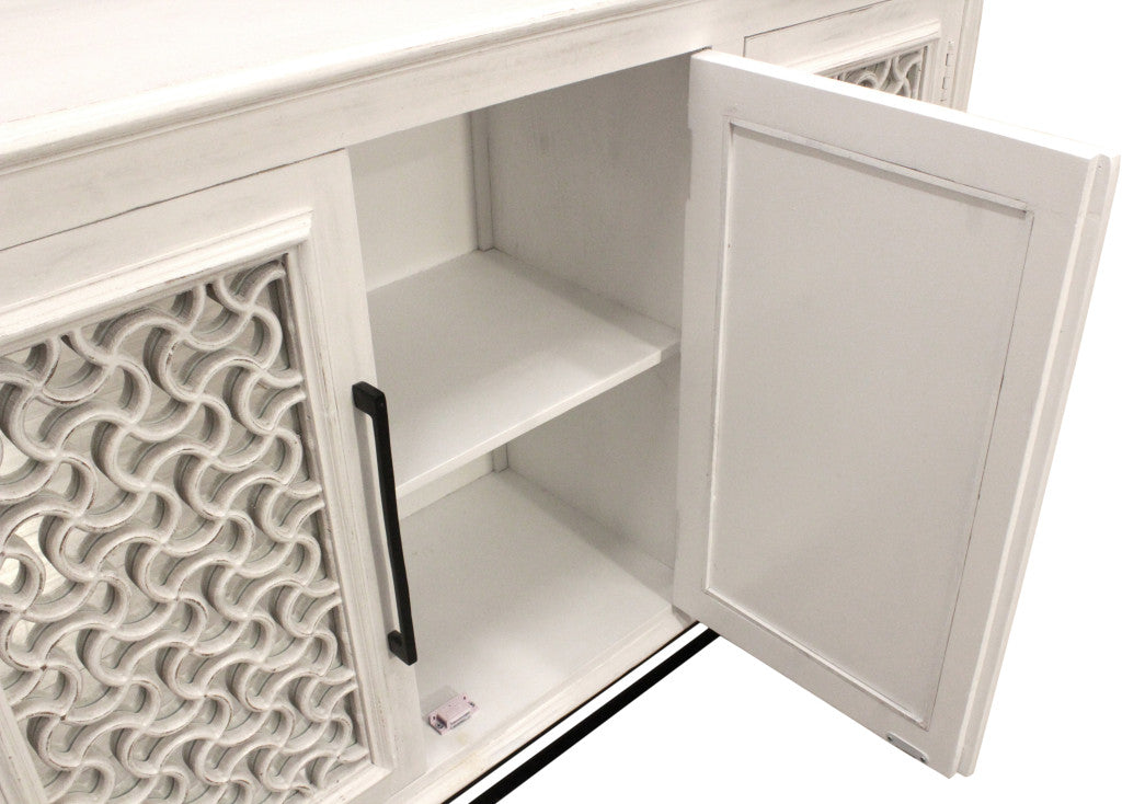 76" Antiqued White Distressed Solid Wood Carved Geometric Sideboard with Four Doors