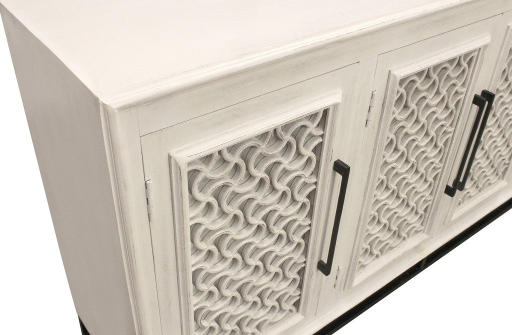 76" Antiqued White Distressed Solid Wood Carved Geometric Sideboard with Four Doors