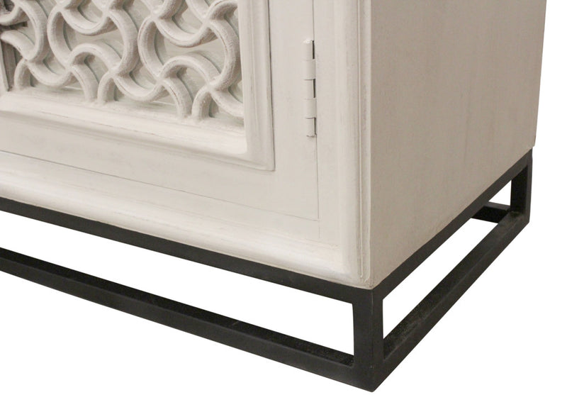 76" Antiqued White Distressed Solid Wood Carved Geometric Sideboard with Four Doors