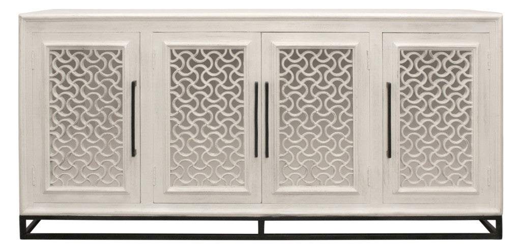 76" Antiqued White Distressed Solid Wood Carved Geometric Sideboard with Four Doors