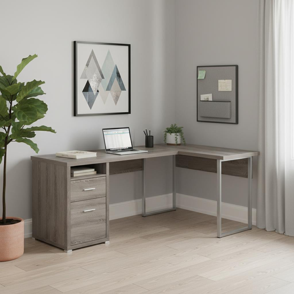 79" Taupe and Silver L Shape Computer Desk With Two Drawers - Office Supplies