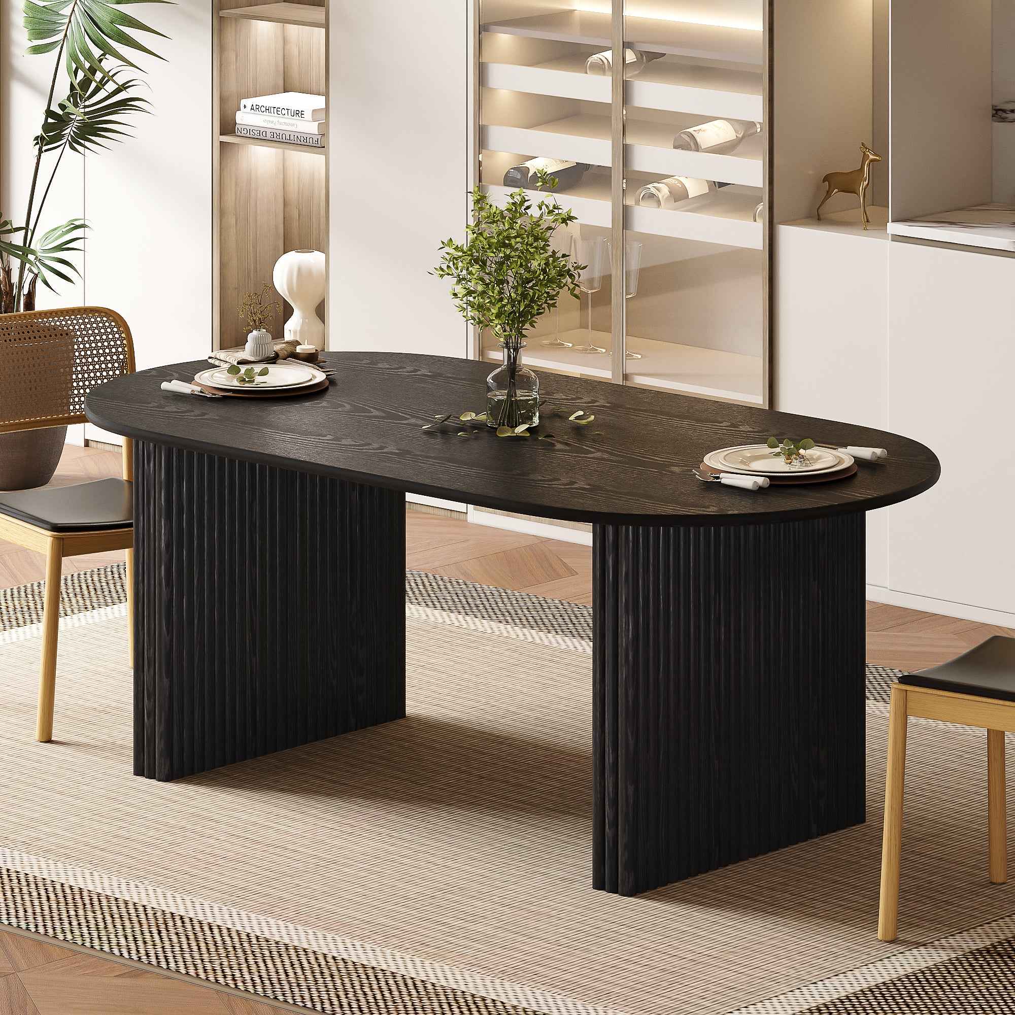 67" Black Solid Wood Mirrored Double Pedestal Base Oval Dining Table