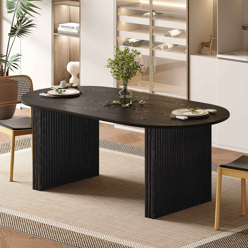 67" Black Solid Wood Mirrored Double Pedestal Base Oval Dining Table