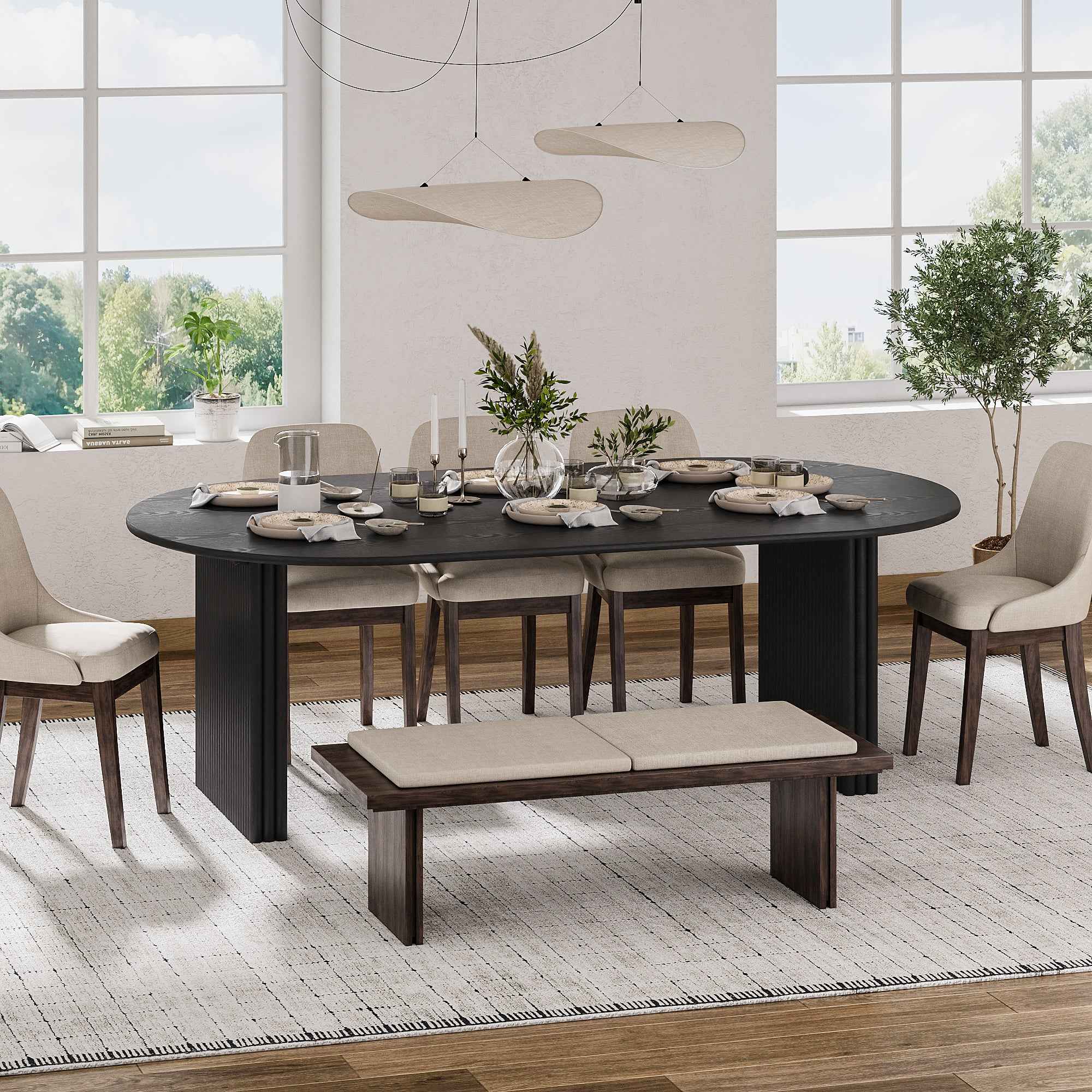 67" Black Solid Wood Mirrored Double Pedestal Base Oval Dining Table