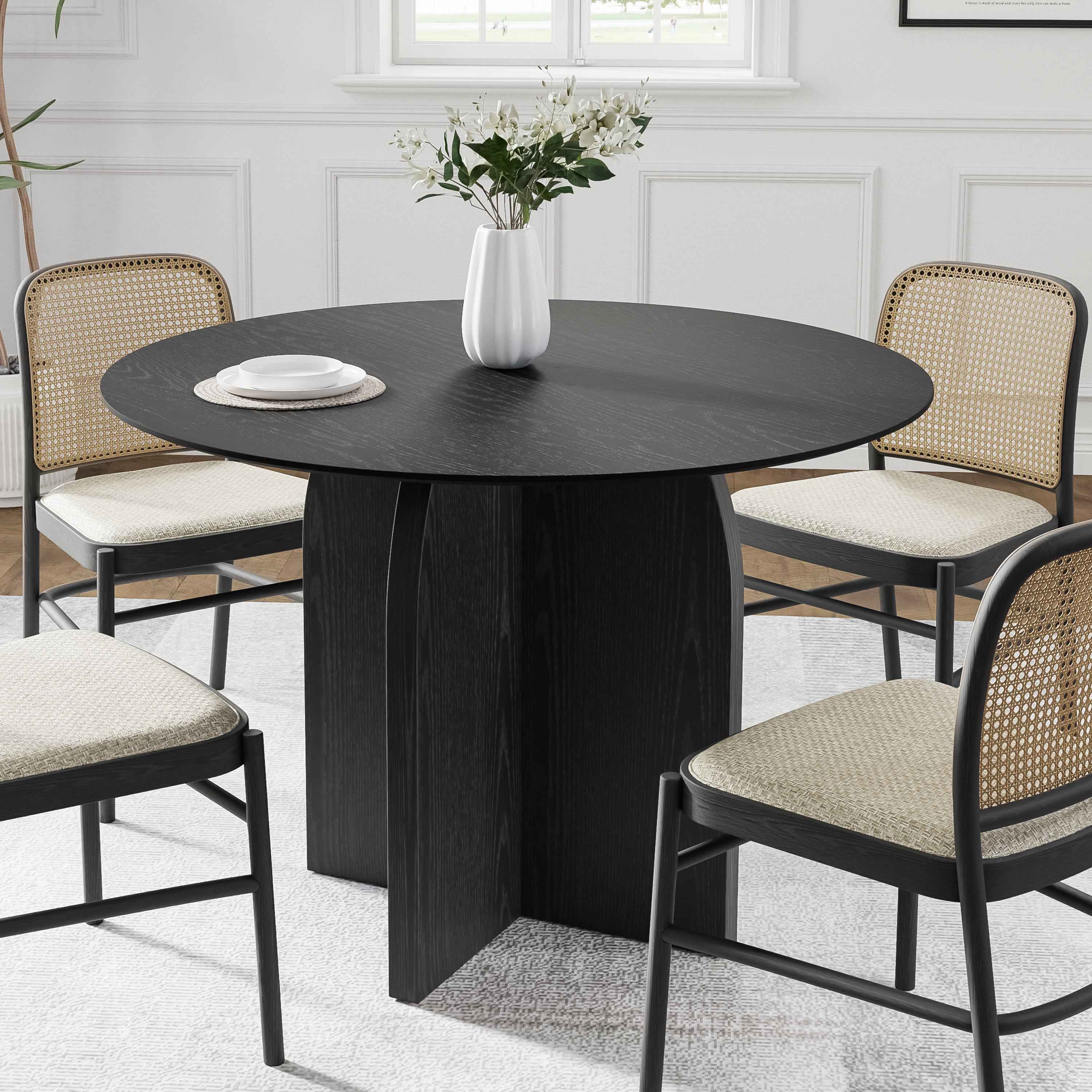 42" Black Solid Wood Pedestal Base Round Top Dining Table