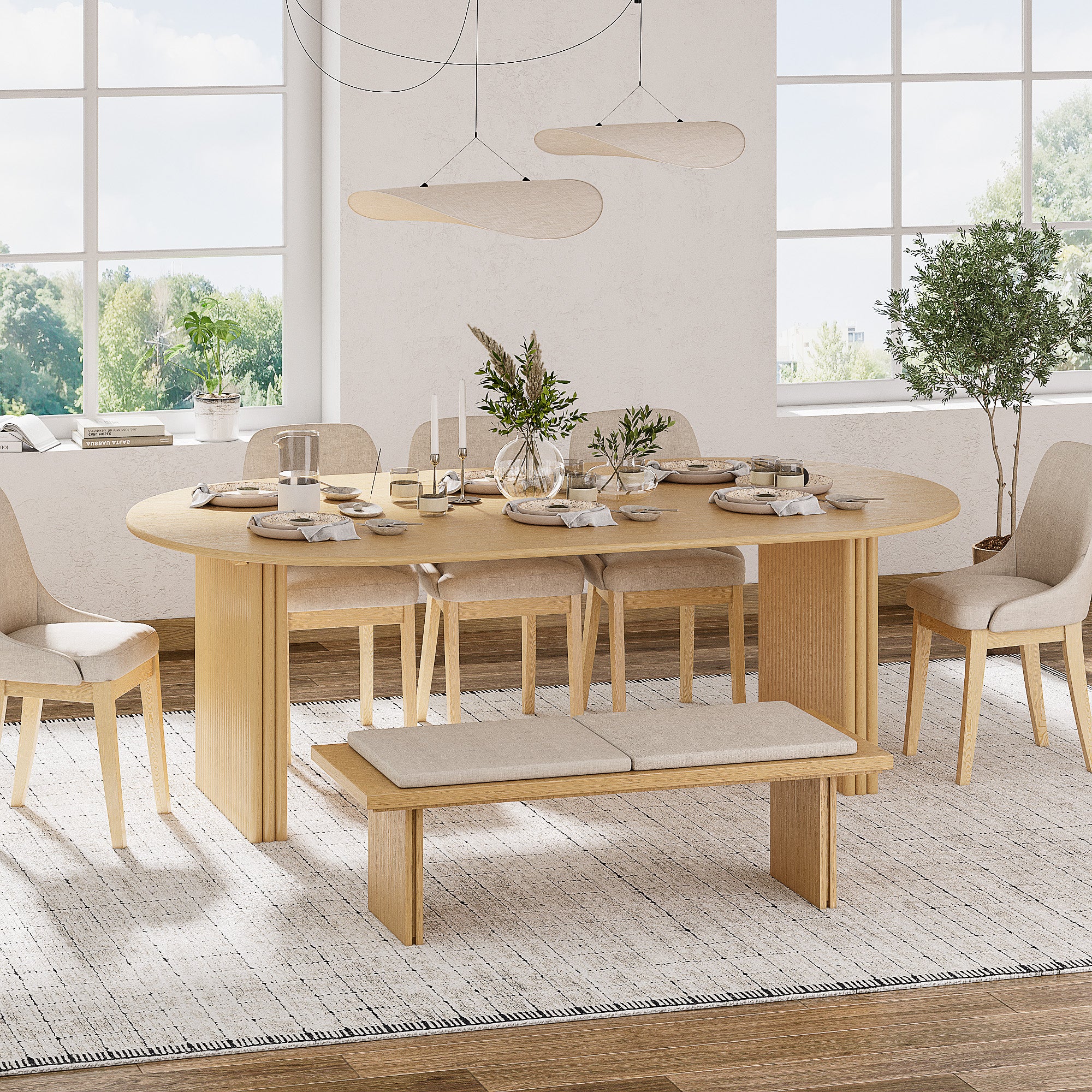 67" Natural Solid Wood Mirrored Double Pedestal Base Oval Dining Table Default Title