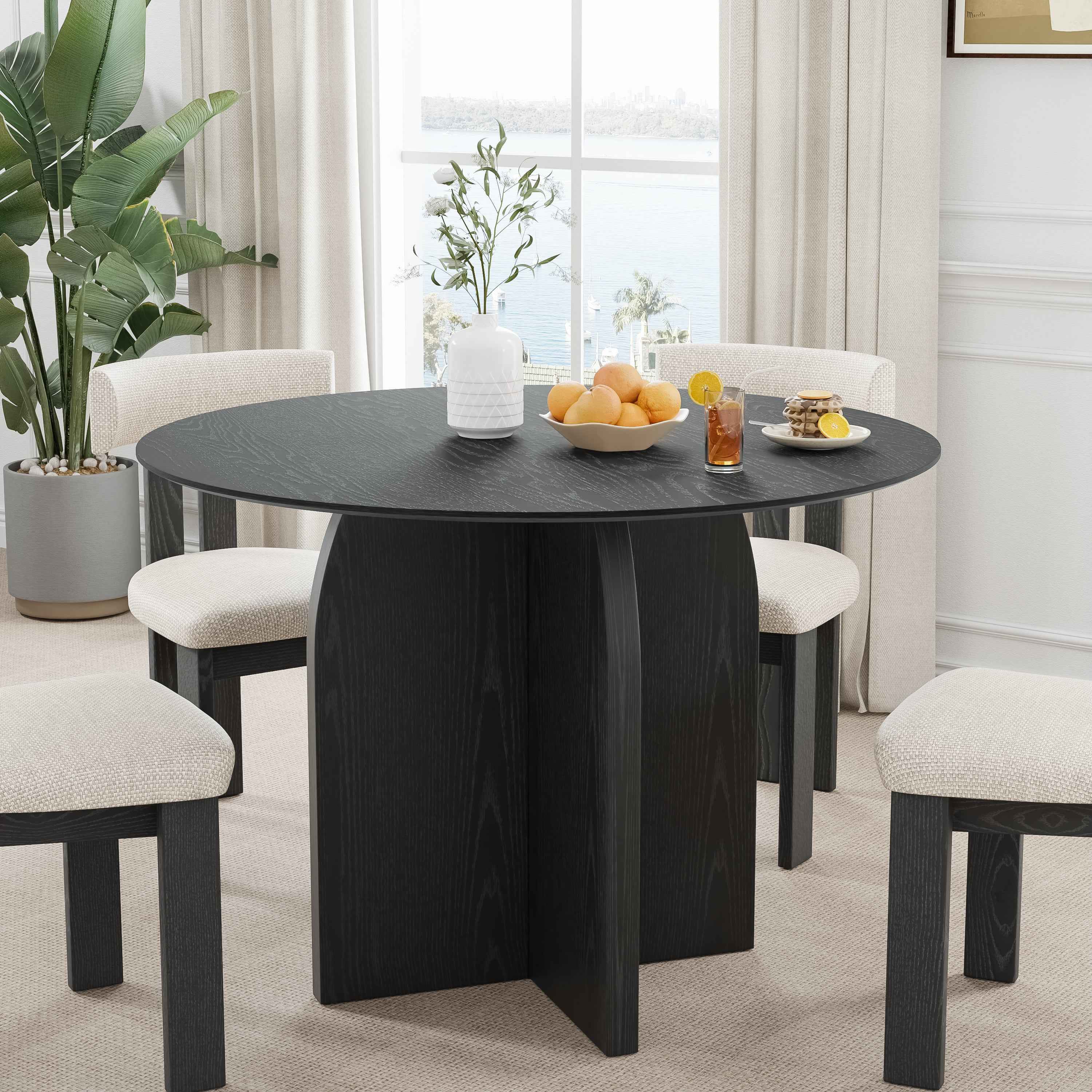 42" Black Solid Wood Pedestal Base Round Top Dining Table