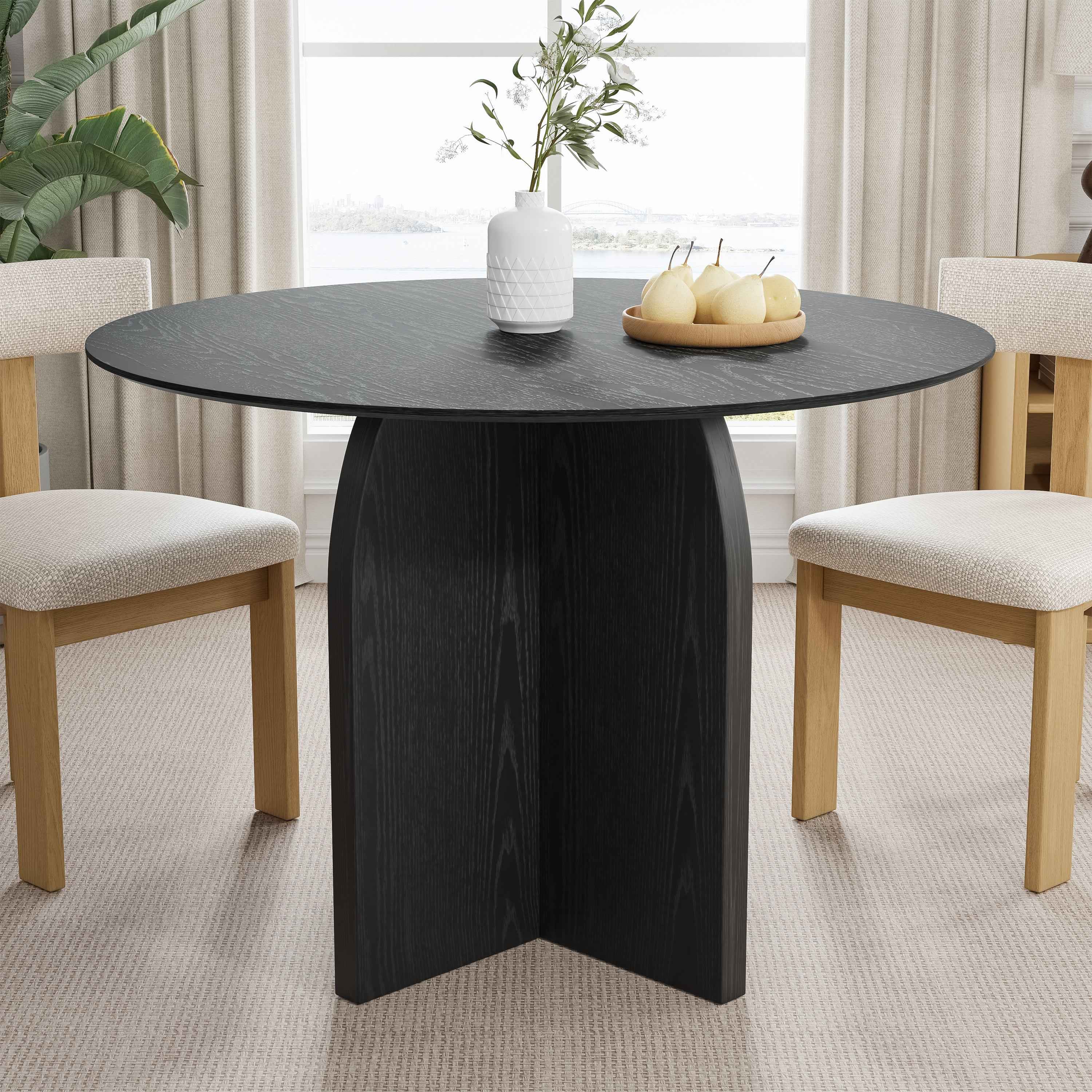 42" Black Solid Wood Pedestal Base Round Top Dining Table