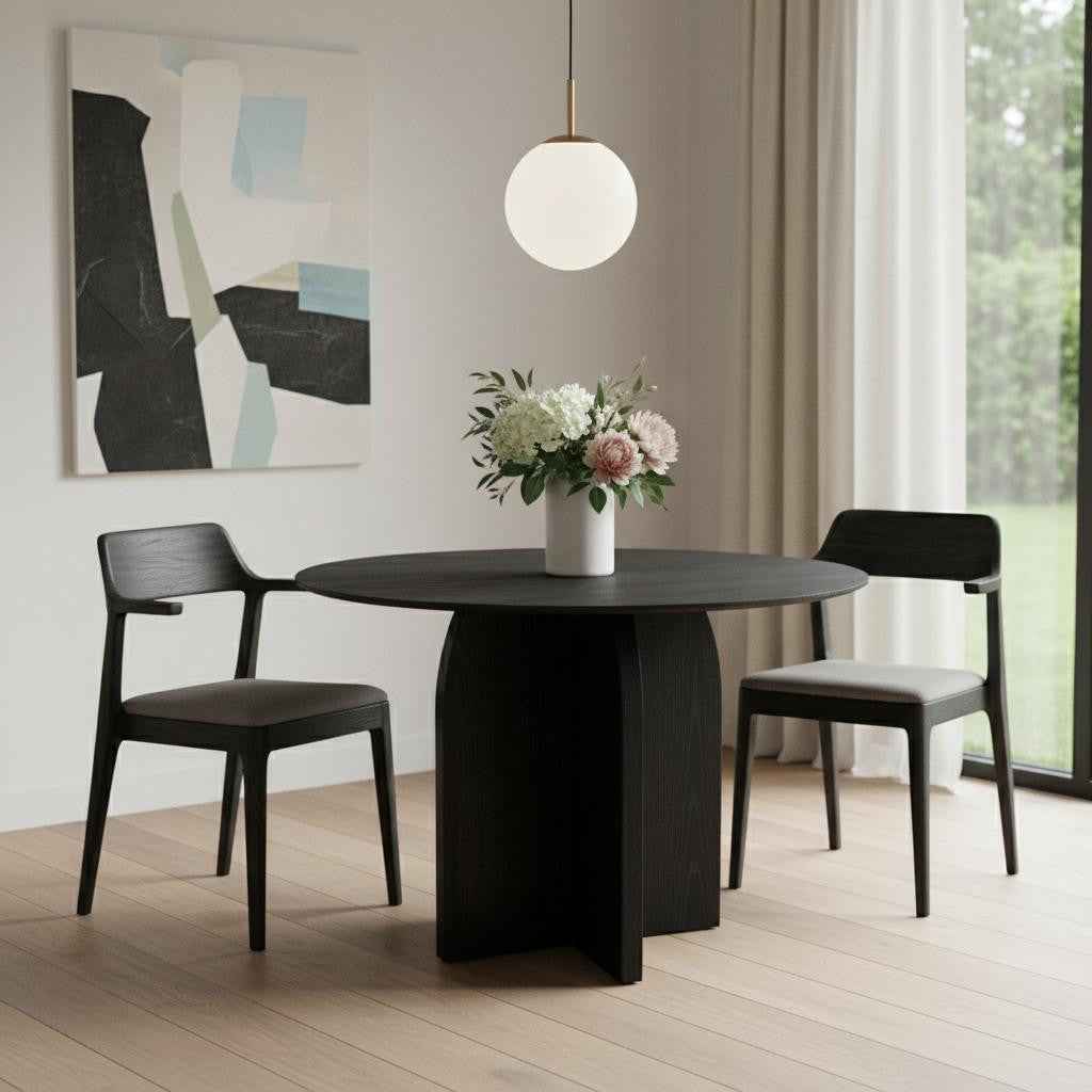 42" Black Solid Wood Pedestal Base Round Top Dining Table