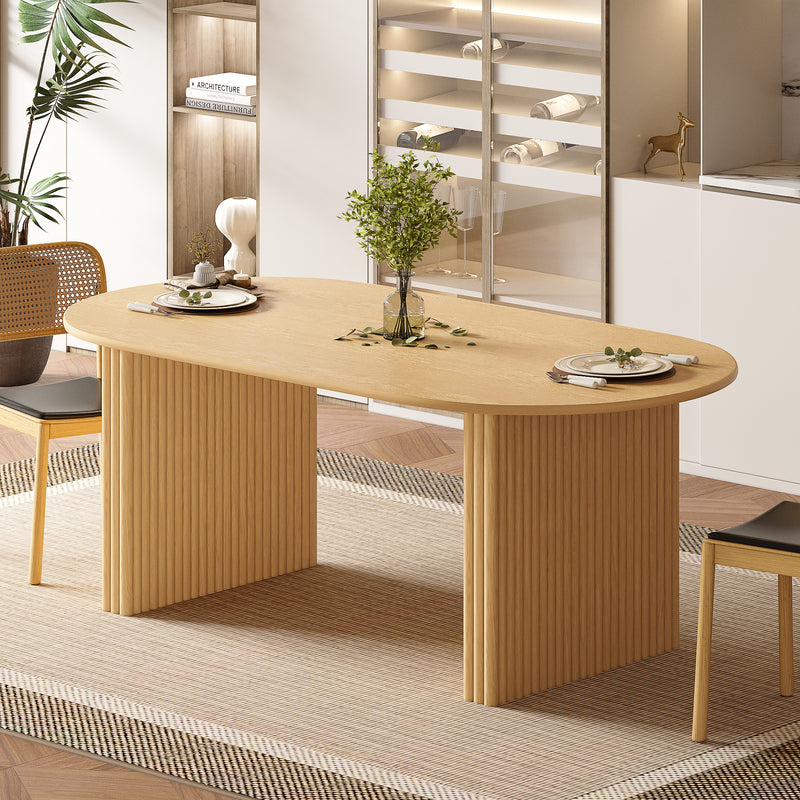 67" Natural Solid Wood Mirrored Double Pedestal Base Oval Dining Table