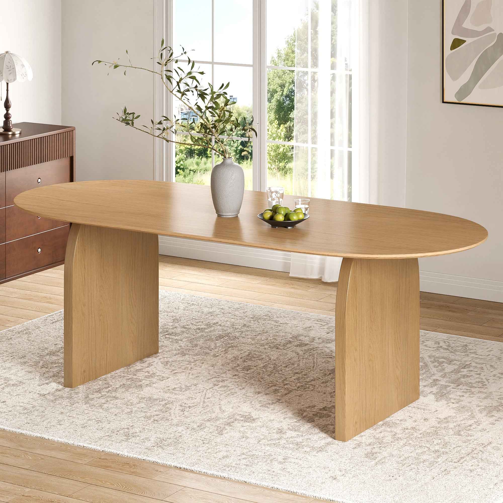 79" Natural Solid Wood Mirrored Double Pedestal Base Oval Dining Table