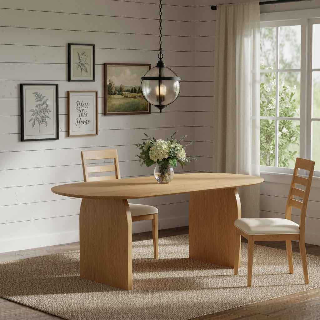 79" Natural Solid Wood Mirrored Double Pedestal Base Oval Dining Table