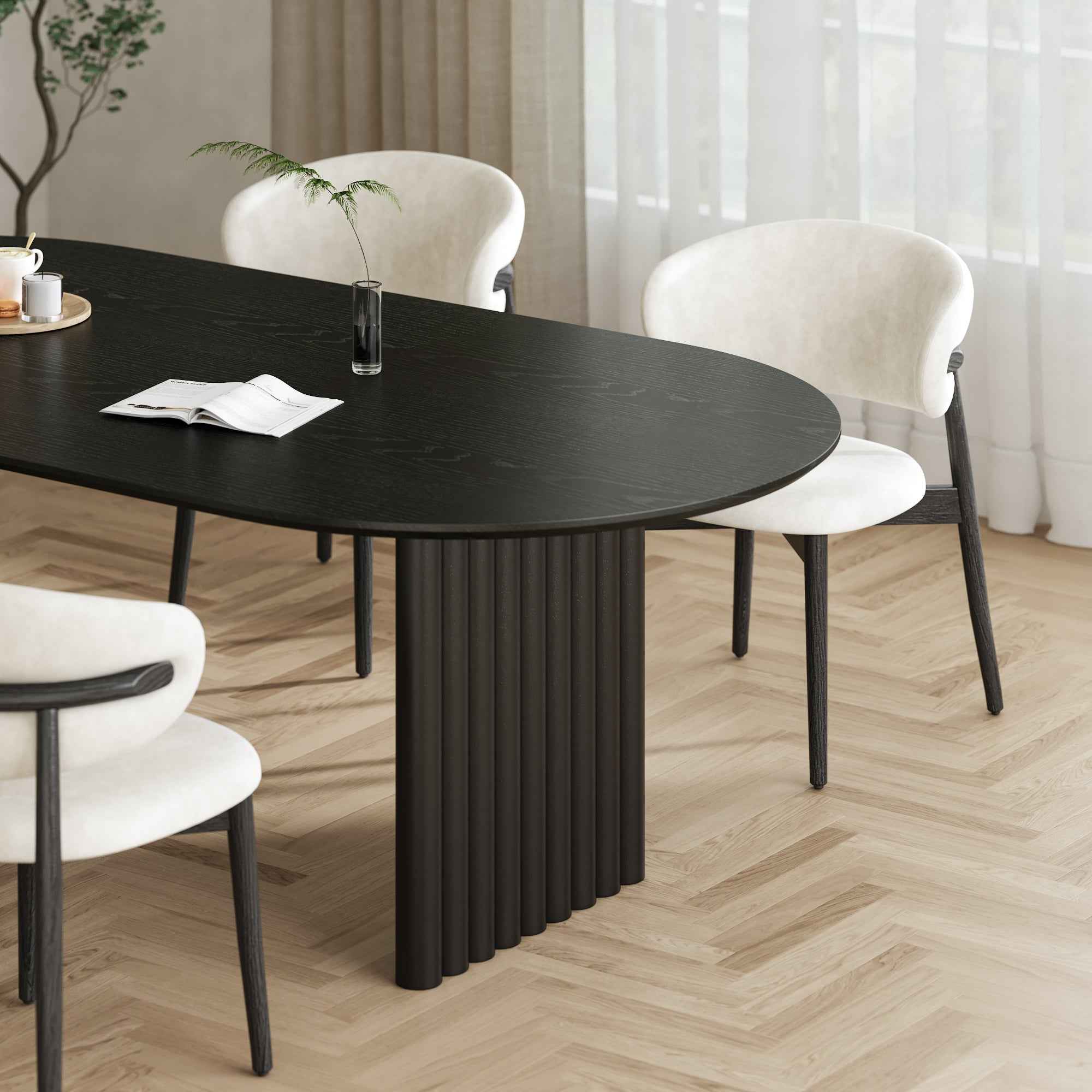 67" Black Solid Wood Mirrored Double Pedestal Base Oval Dining Table