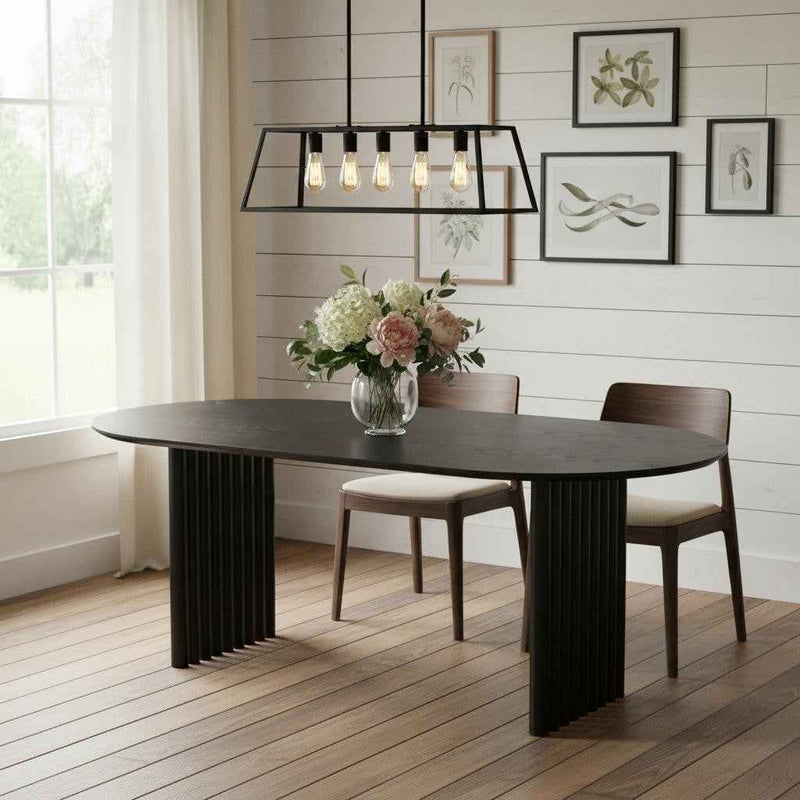 67" Black Solid Wood Mirrored Double Pedestal Base Oval Dining Table