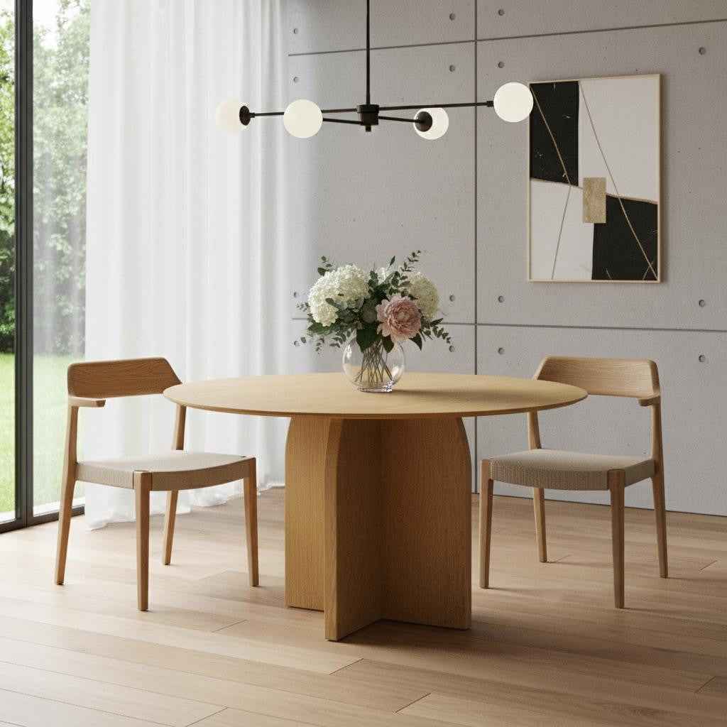 52" Beige Solid Wood Pedestal Base Round Top Dining Table