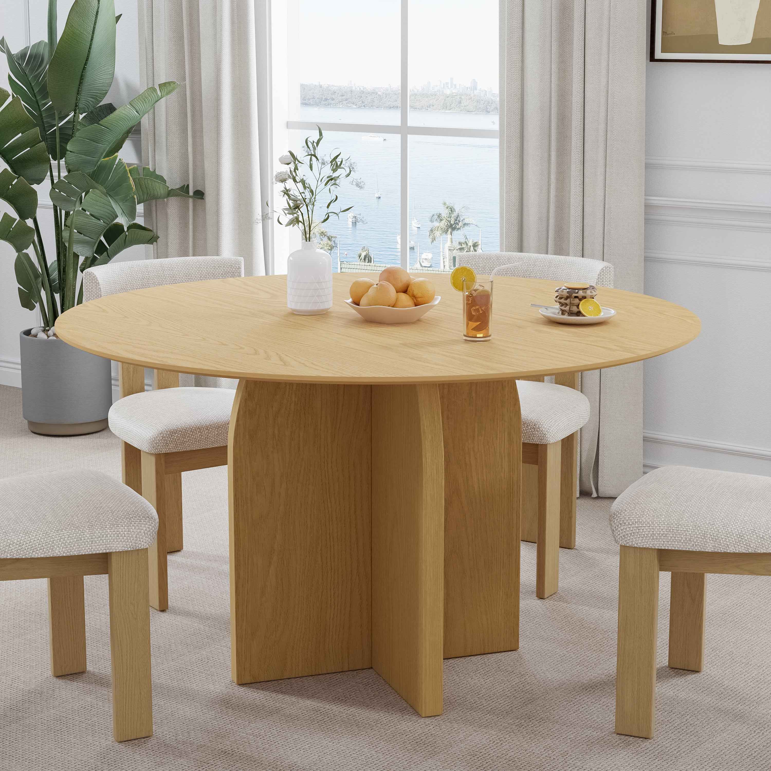 52" Beige Solid Wood Pedestal Base Round Top Dining Table