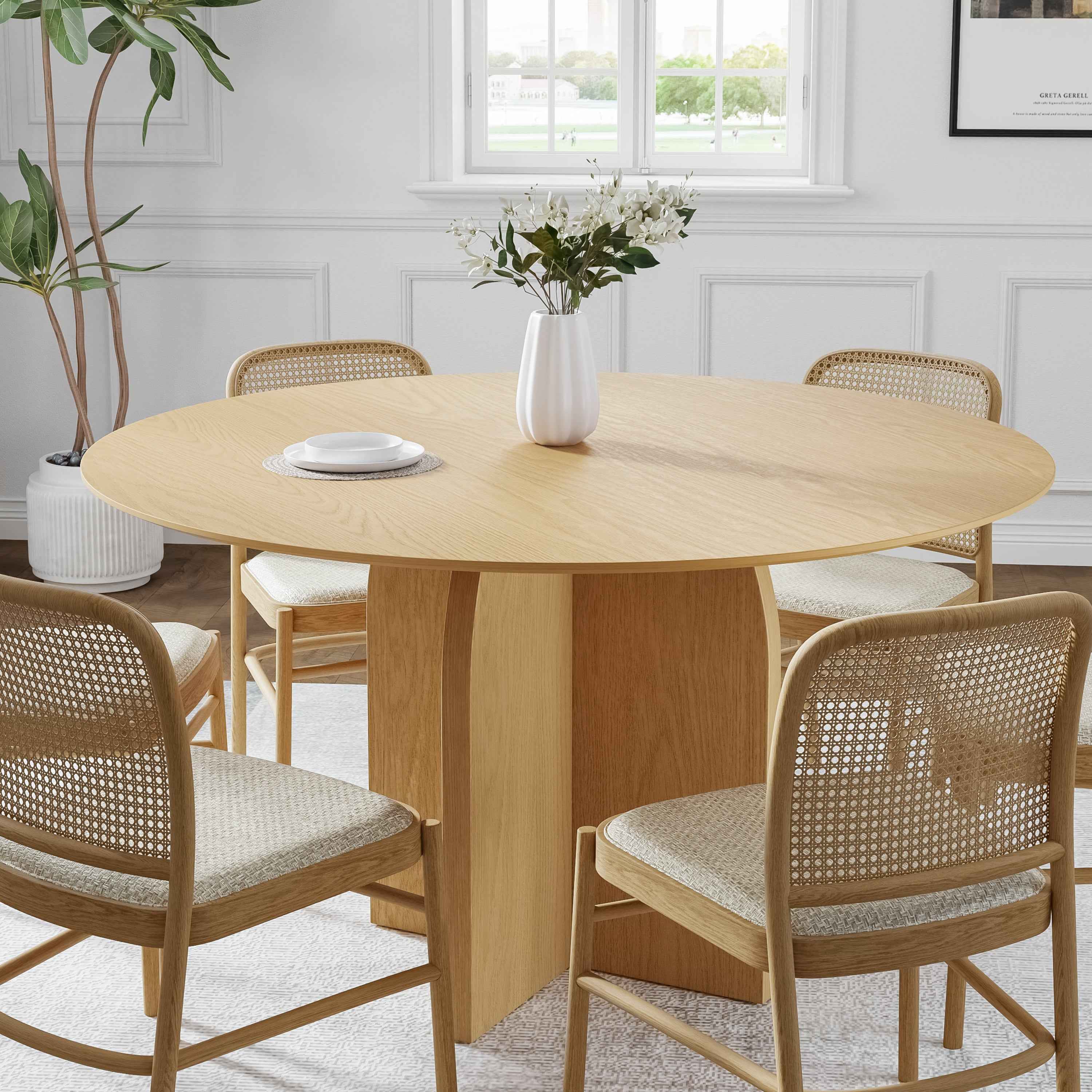 52" Beige Solid Wood Pedestal Base Round Top Dining Table