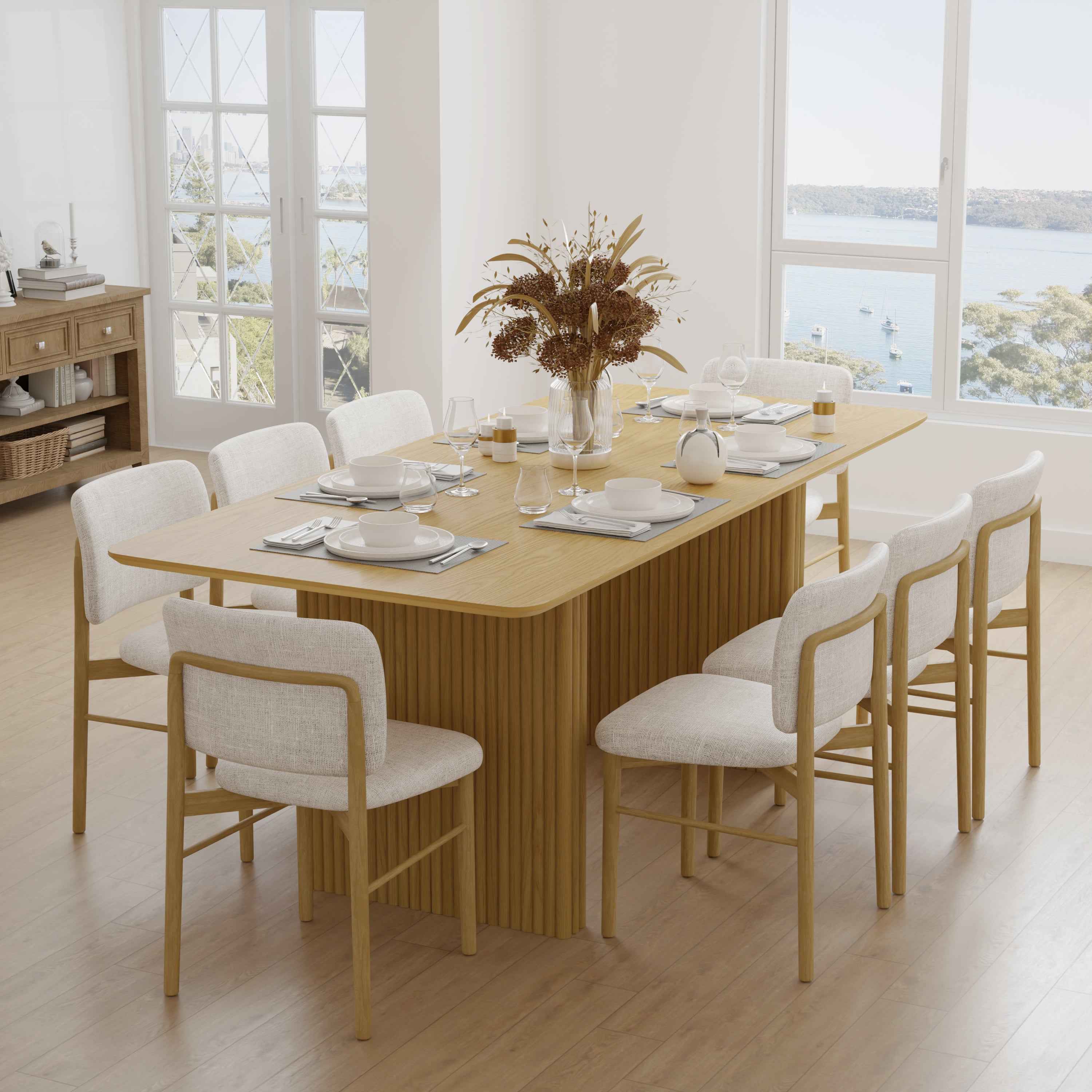 79" Natural Solid Wood Mirrored Double Pedestal Base Dining Table