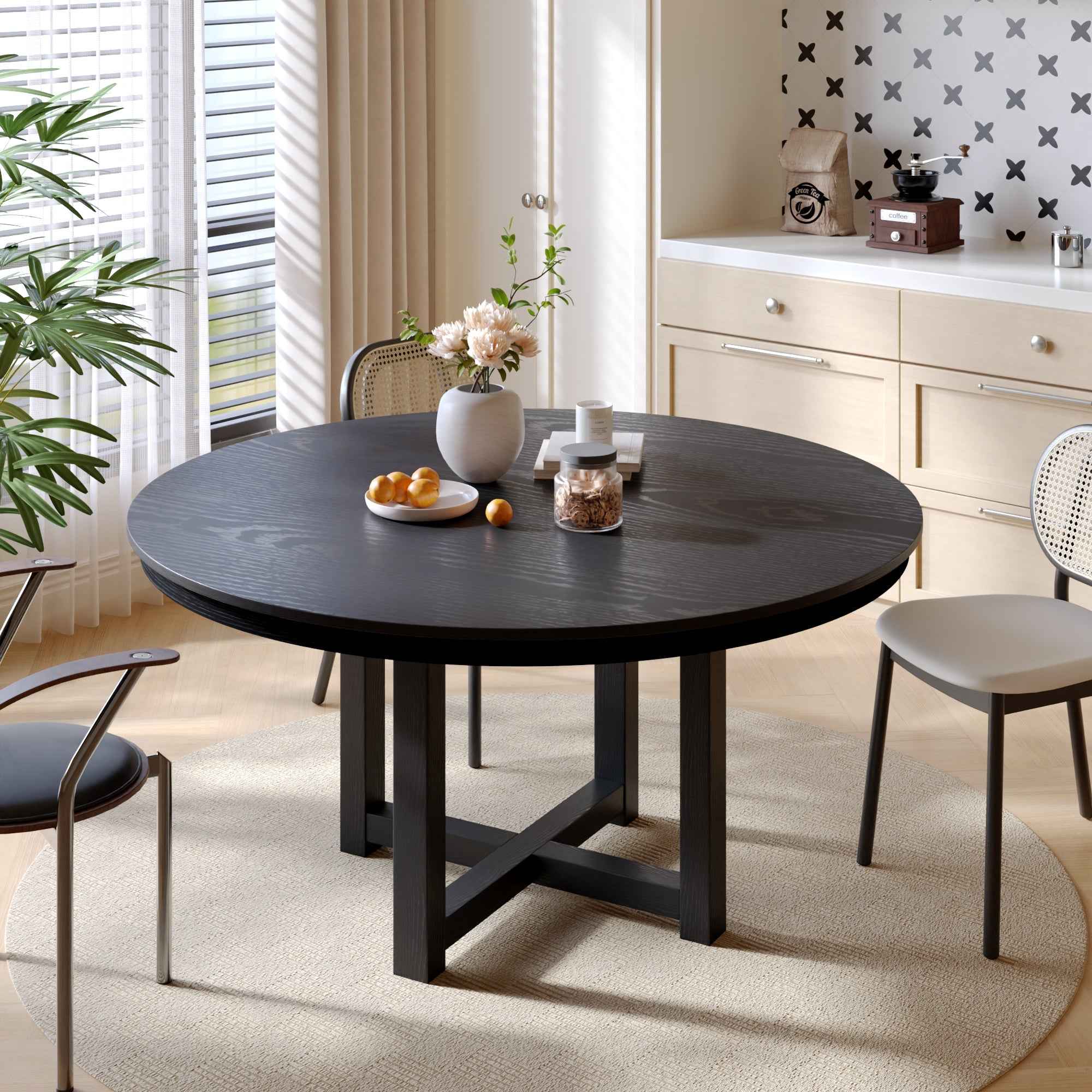 52" Black Solid Wood Mirrored Double Pedestal Base Round Top Dining Table