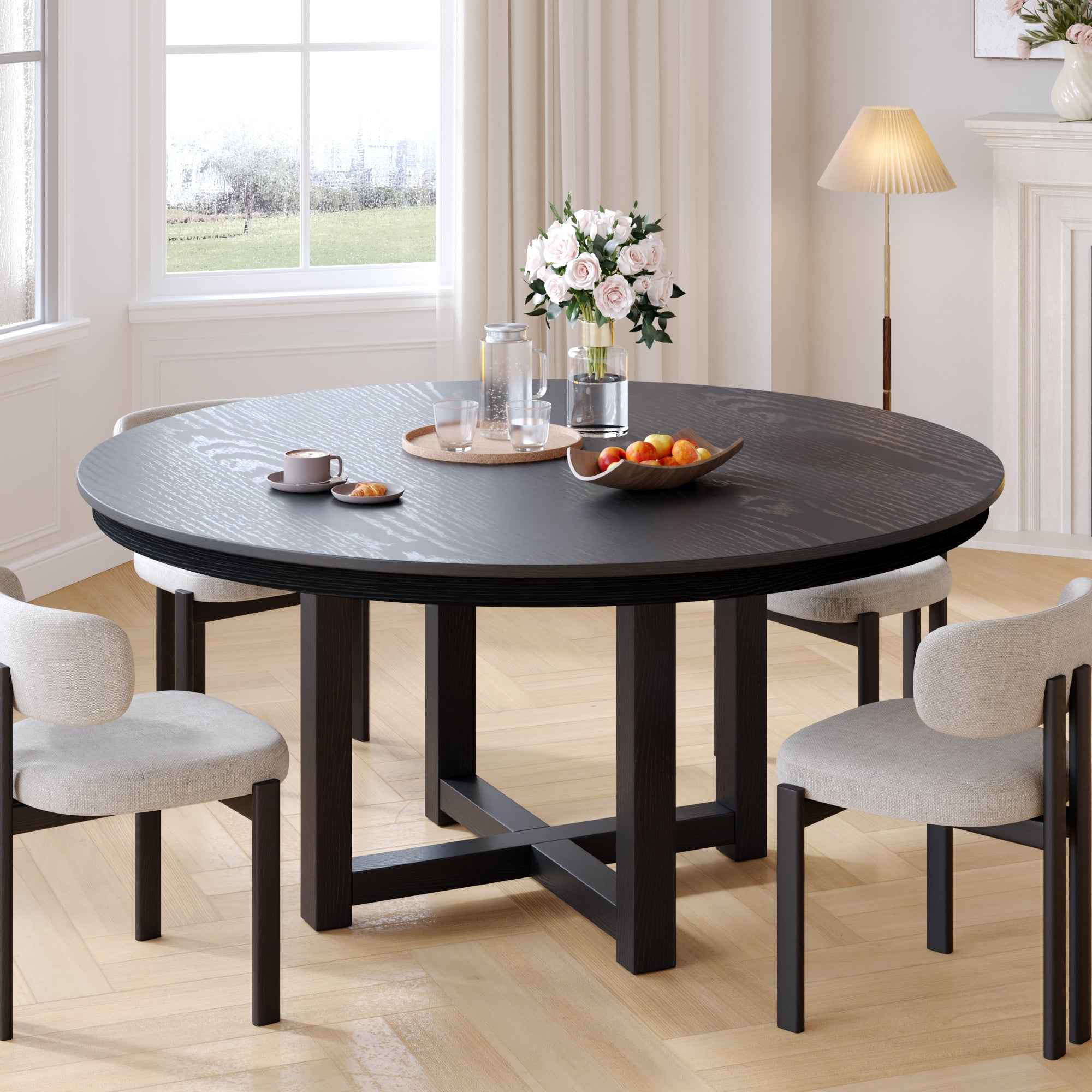 52" Black Solid Wood Mirrored Double Pedestal Base Round Top Dining Table