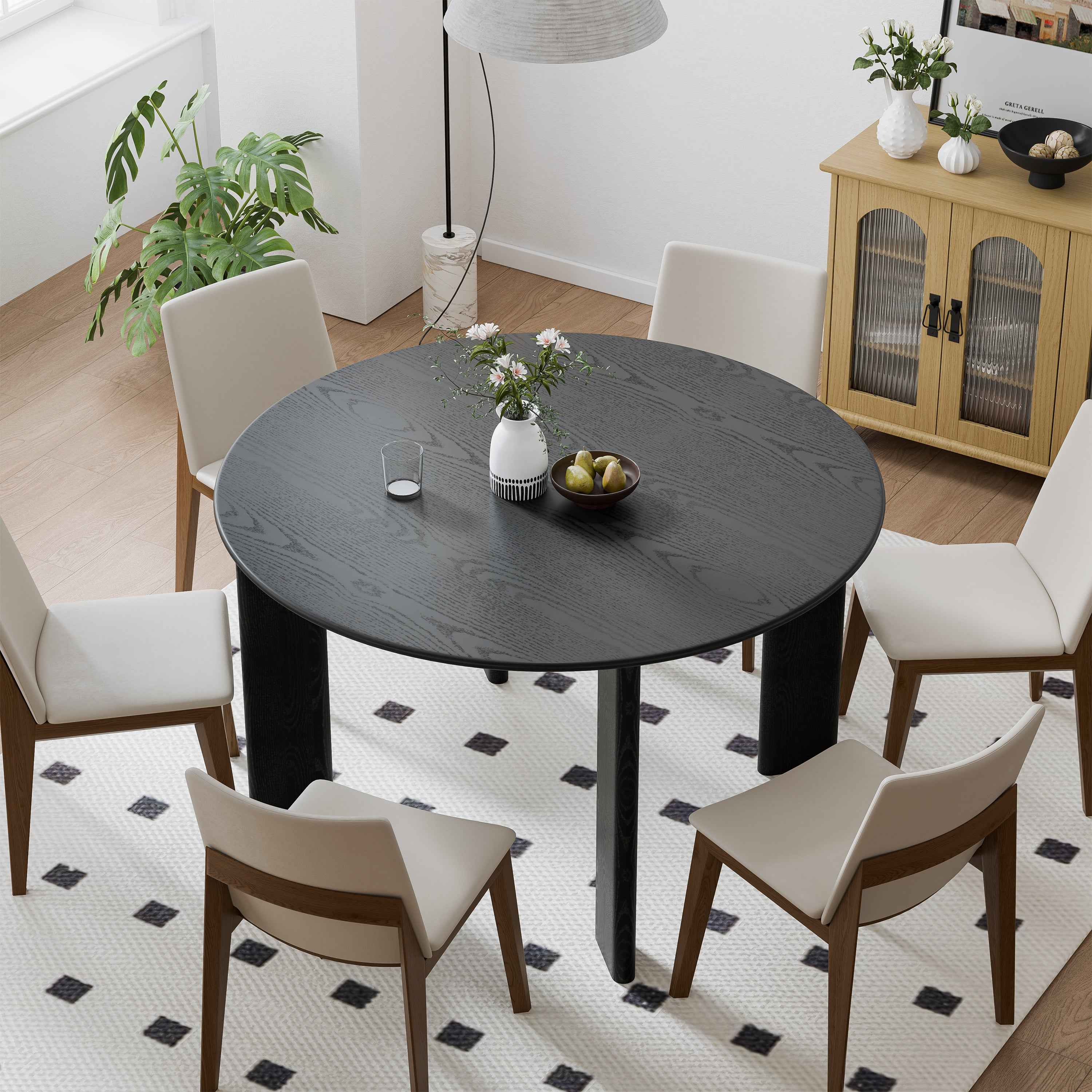 51" Black Solid Wood Round Top Dining Table