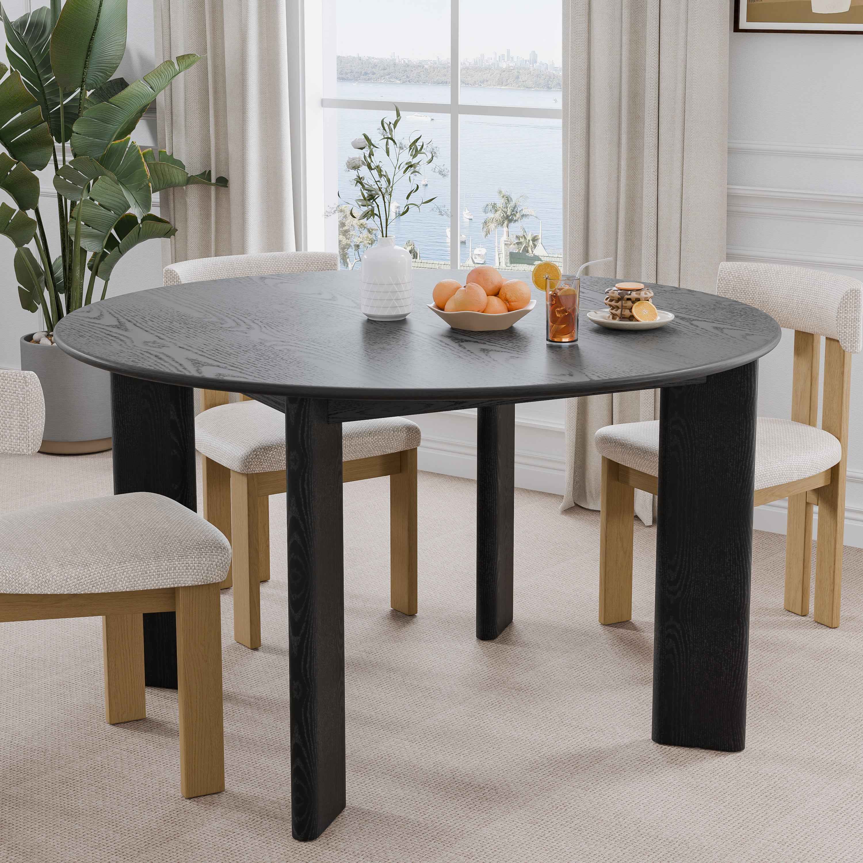 51" Black Solid Wood Round Top Dining Table