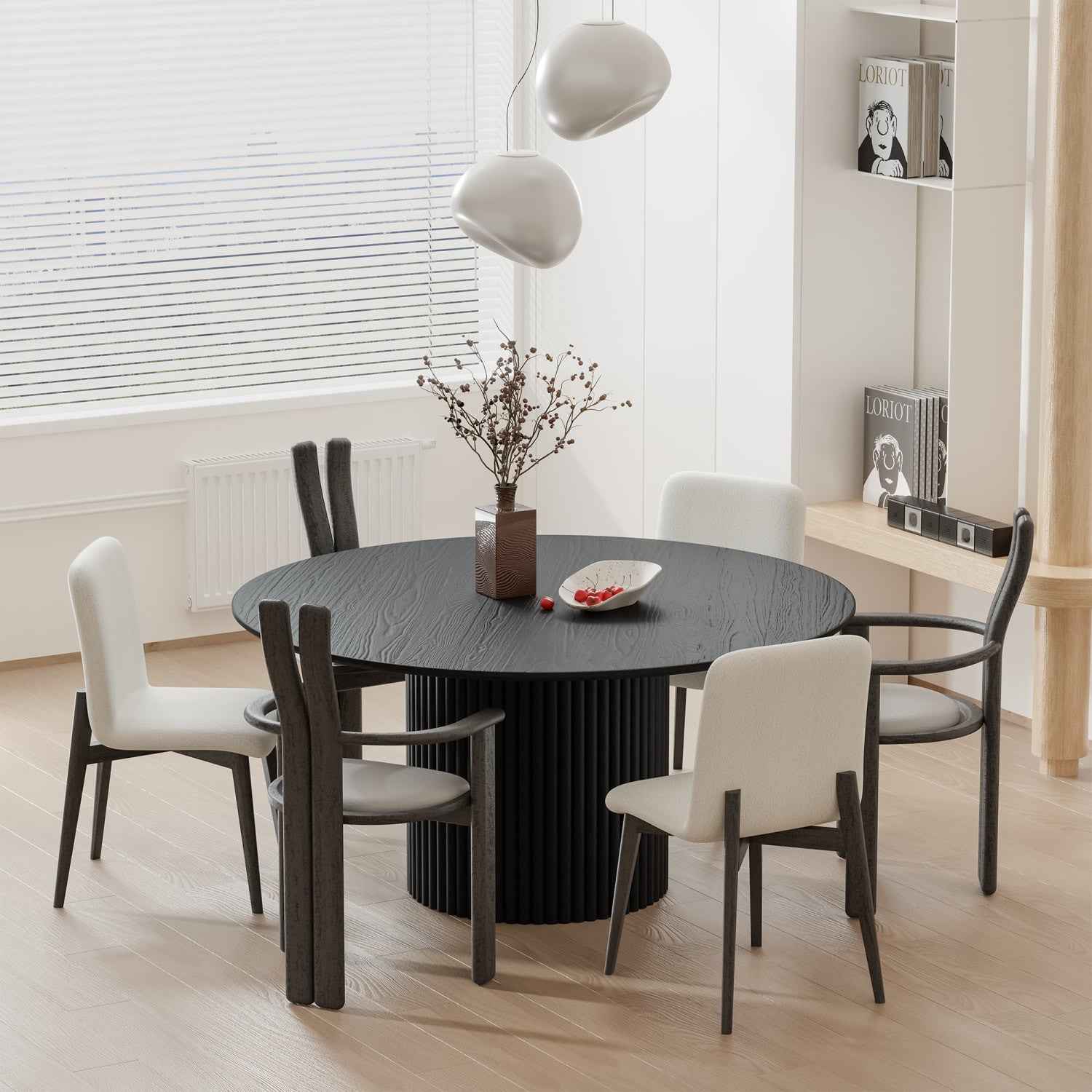 60" Black Wood Pedestal Base Round Top Dining Table