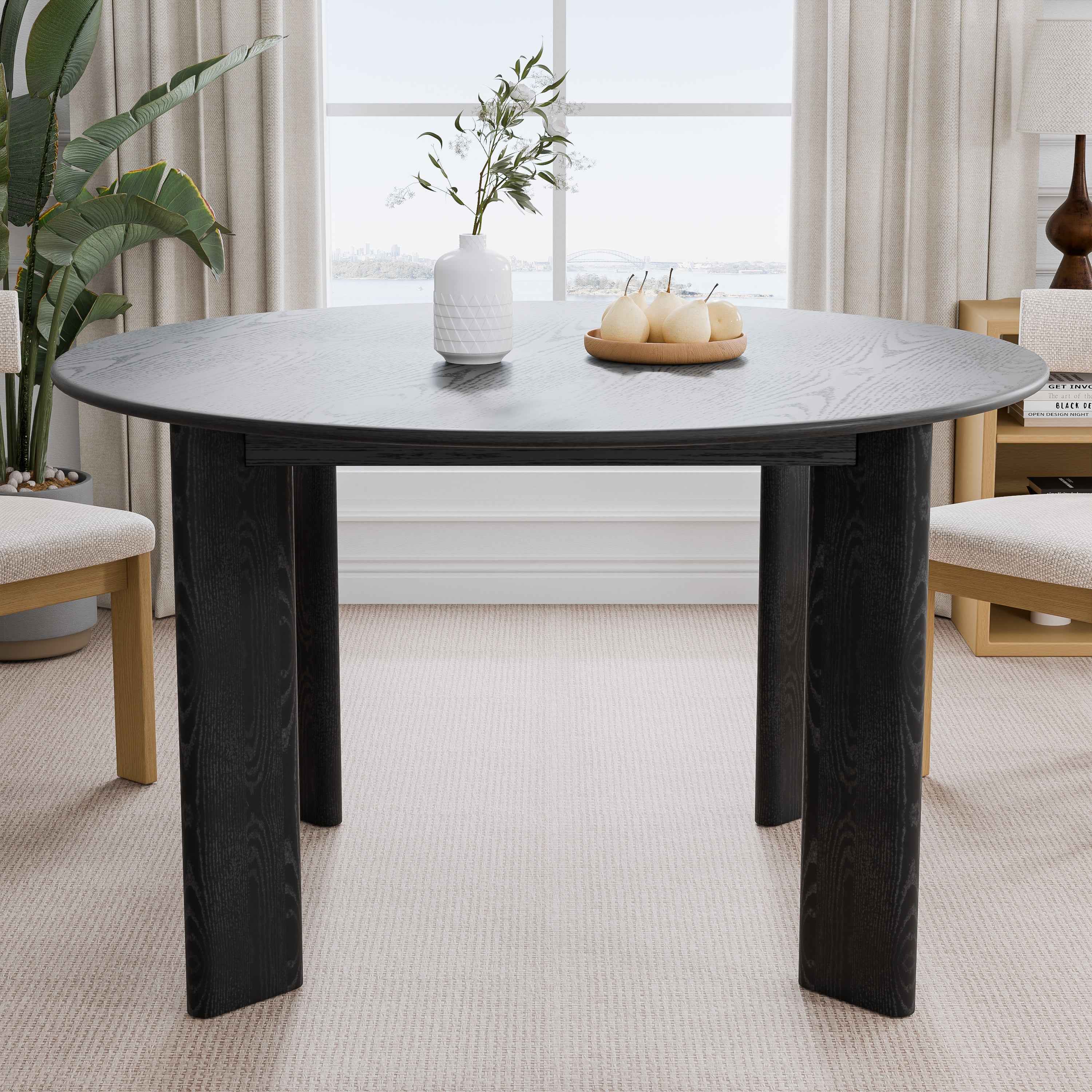 51" Black Solid Wood Round Top Dining Table