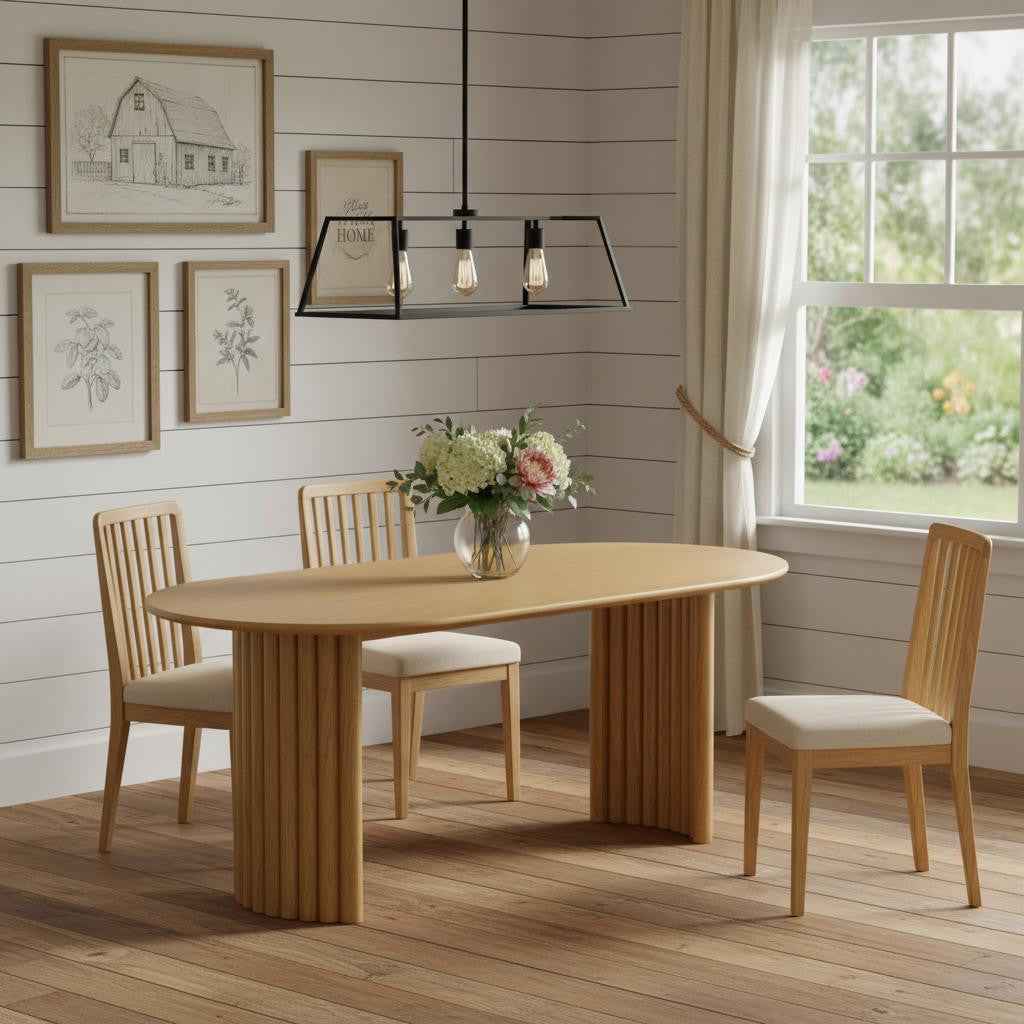 79" Natural Solid Wood Mirrored Double Pedestal Base Oval Dining Table