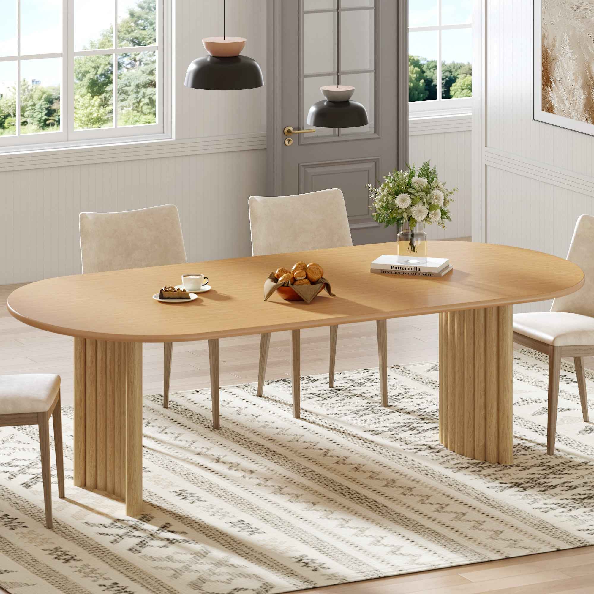 79" Natural Solid Wood Mirrored Double Pedestal Base Oval Dining Table