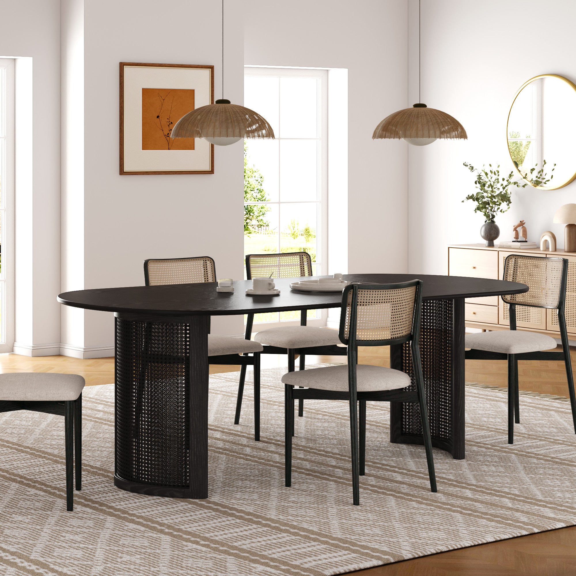 66" Black Solid Wood Double Pedestal Base Oval Dining Table