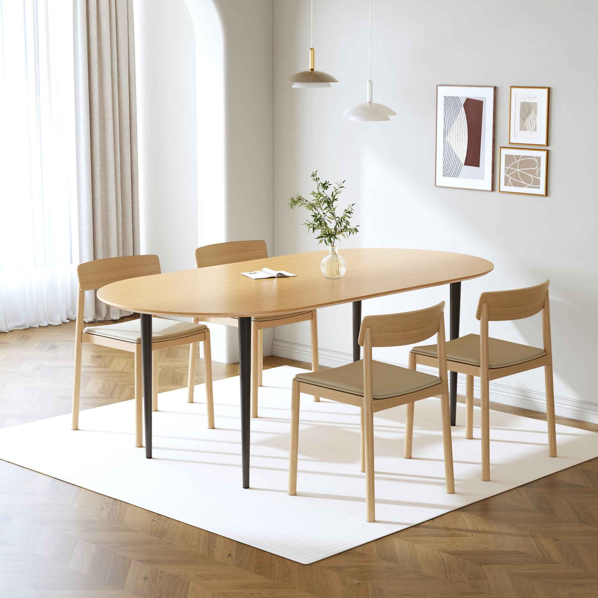 67" Natural Solid Wood Mirrored Double Pedestal Base Oval Dining Table