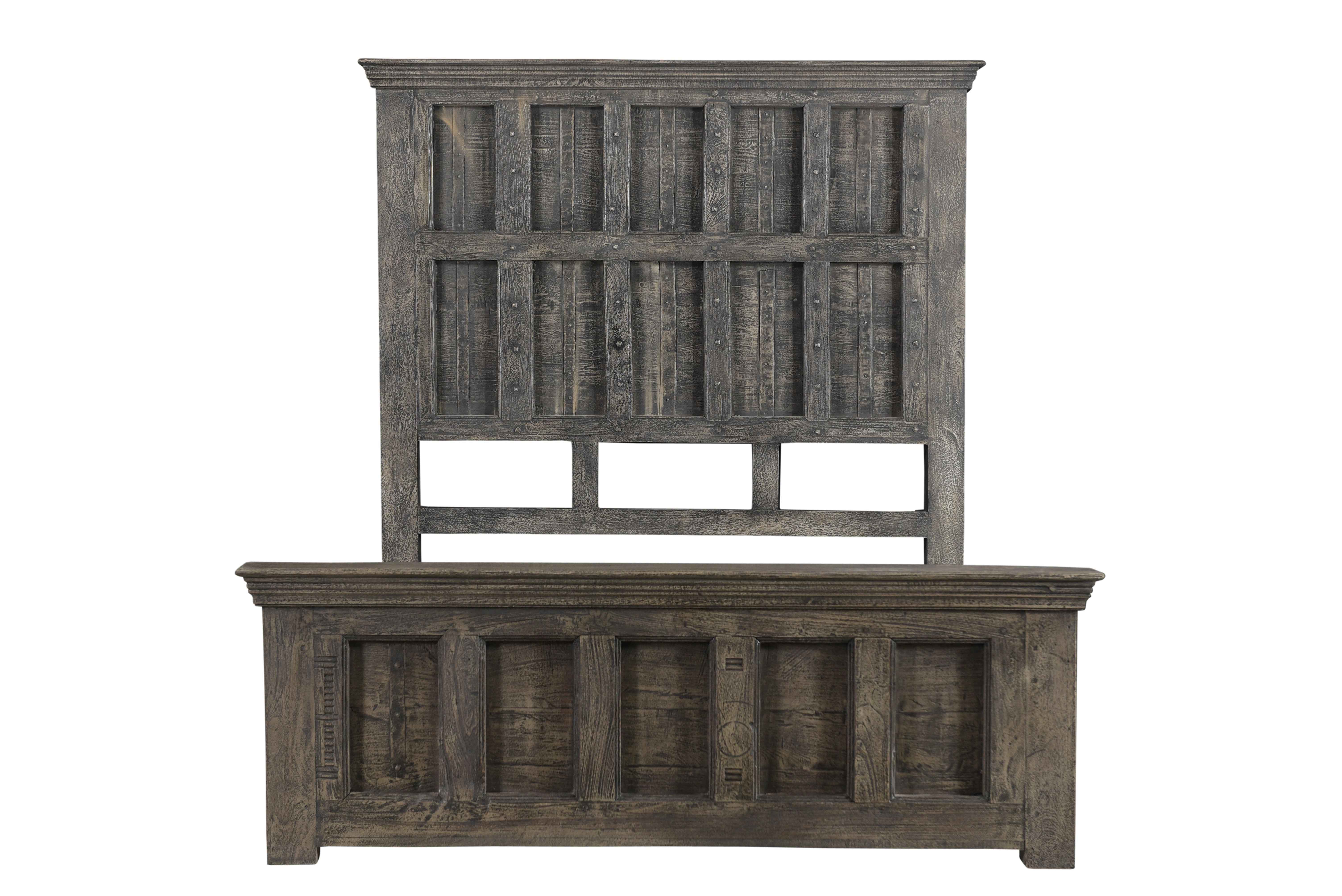 Brown Carved Geometric Distressed Solid Wood Queen Bed Frame