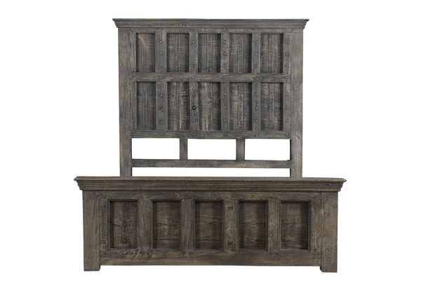 Brown Carved Geometric Distressed Solid Wood Queen Bed Frame