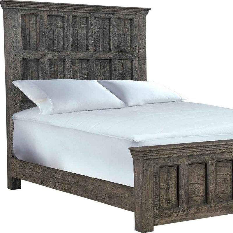 Brown Carved Geometric Distressed Solid Wood Queen Bed Frame