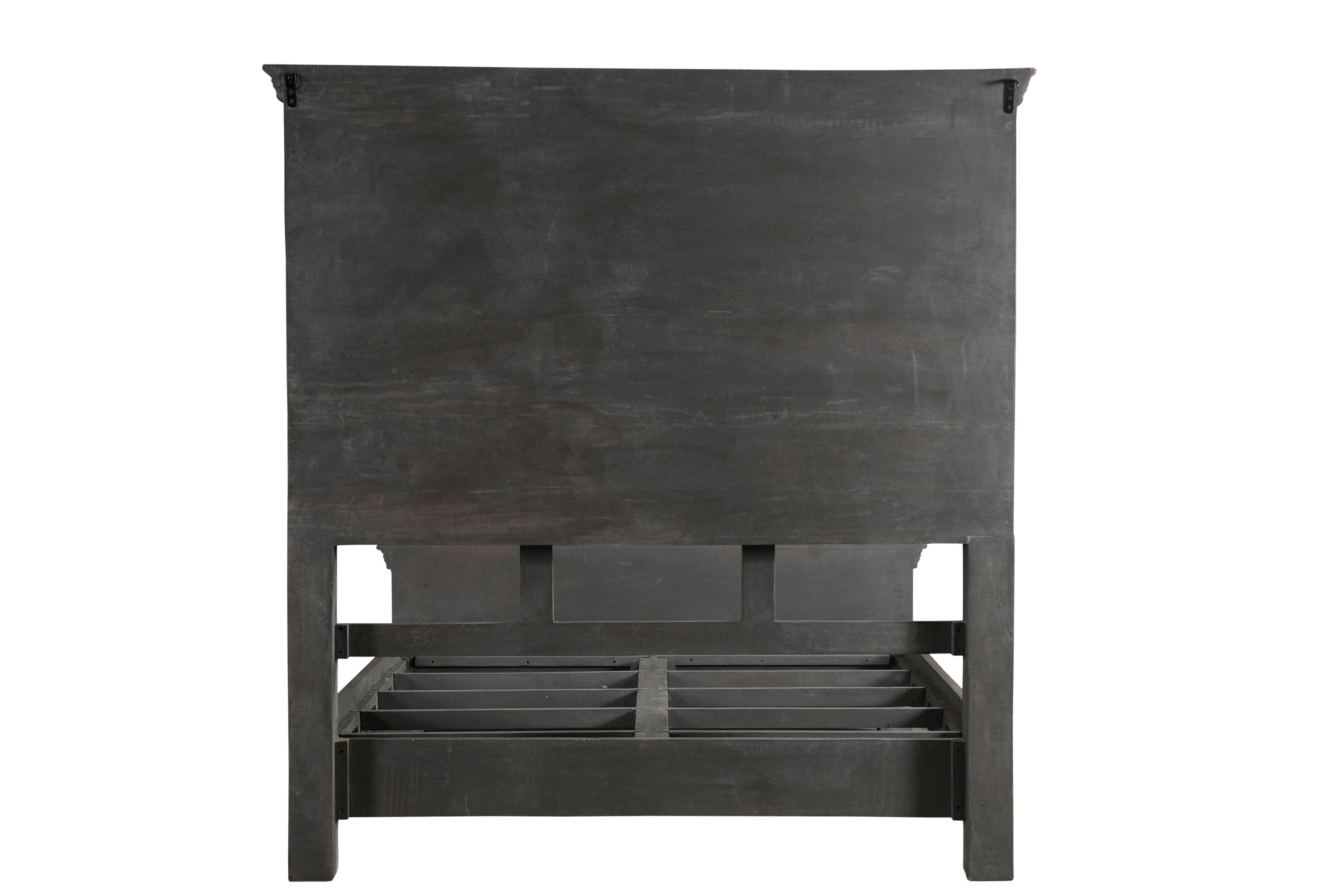 Brown Carved Geometric Distressed Solid Wood Queen Bed Frame