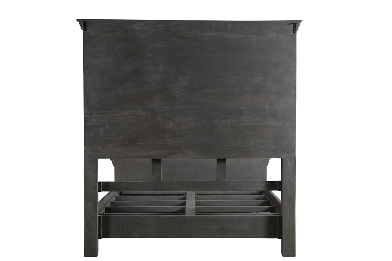 Brown Carved Geometric Distressed Solid Wood Queen Bed Frame