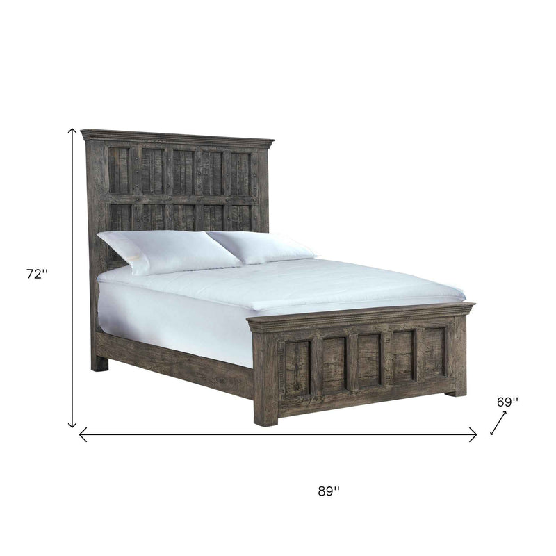 Brown Carved Geometric Distressed Solid Wood Queen Bed Frame