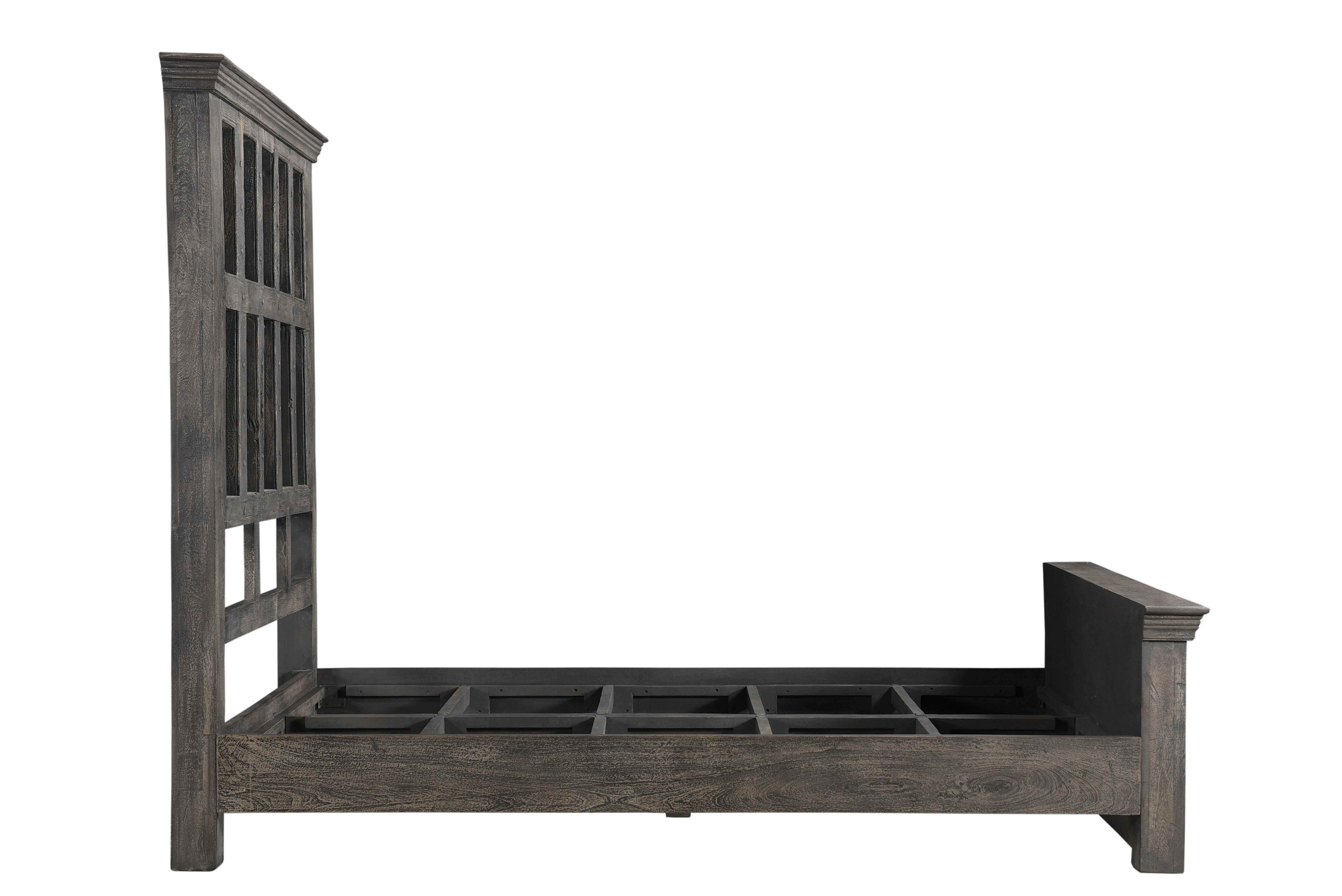 Brown Carved Geometric Distressed Solid Wood Queen Bed Frame