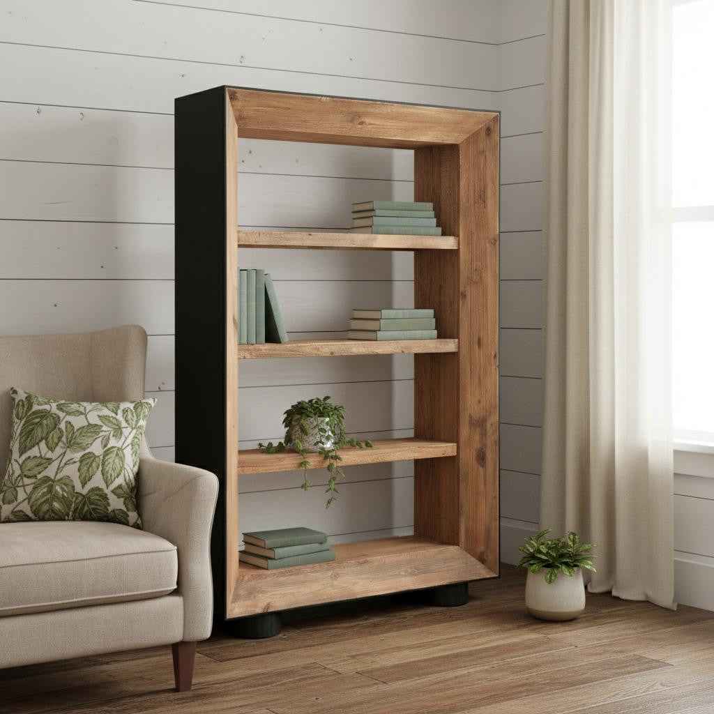 72" Black And Natural Distressed Solid Wood Three Tier Bookcase