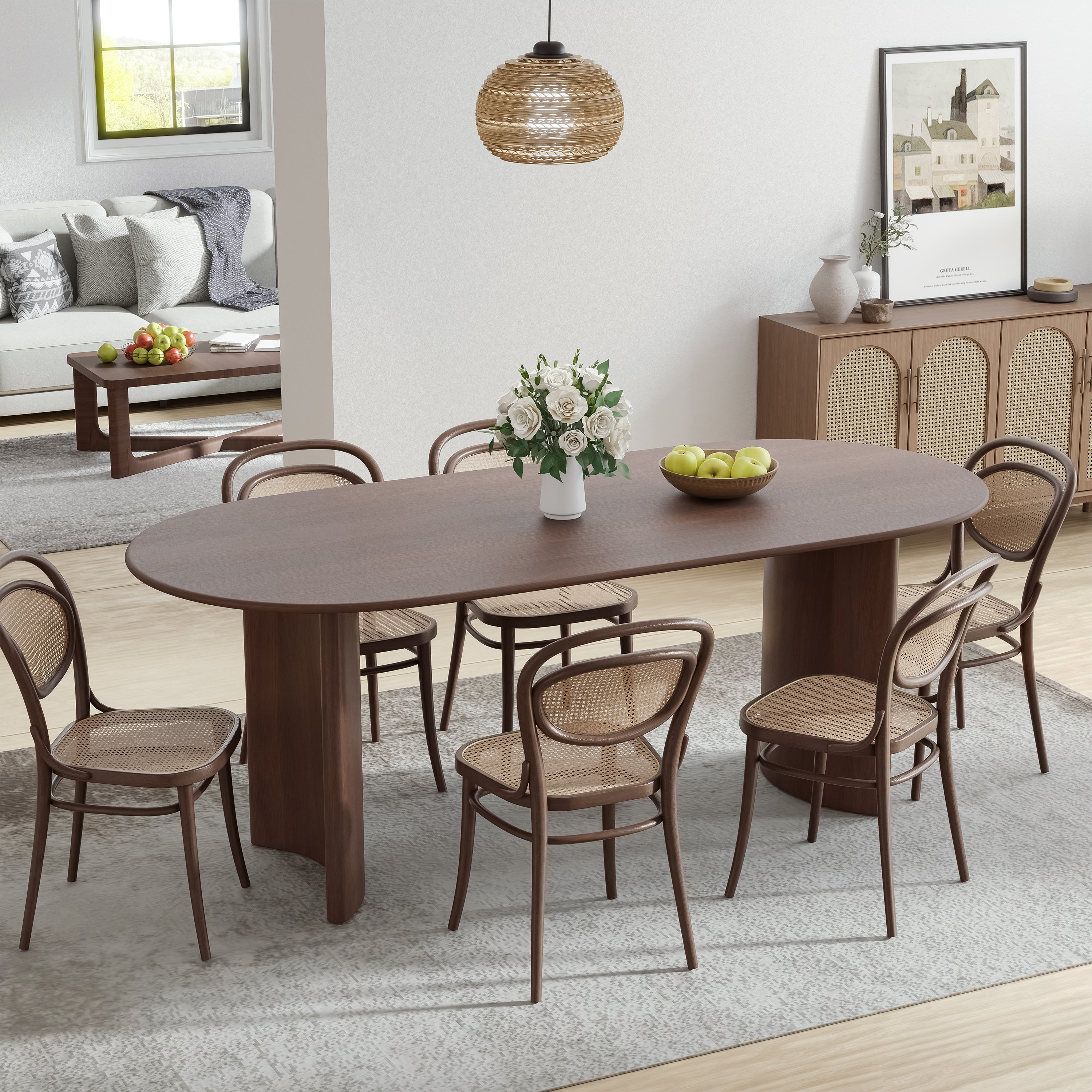 66" Brown Solid Wood Double Pedestal Base Oval Dining Table