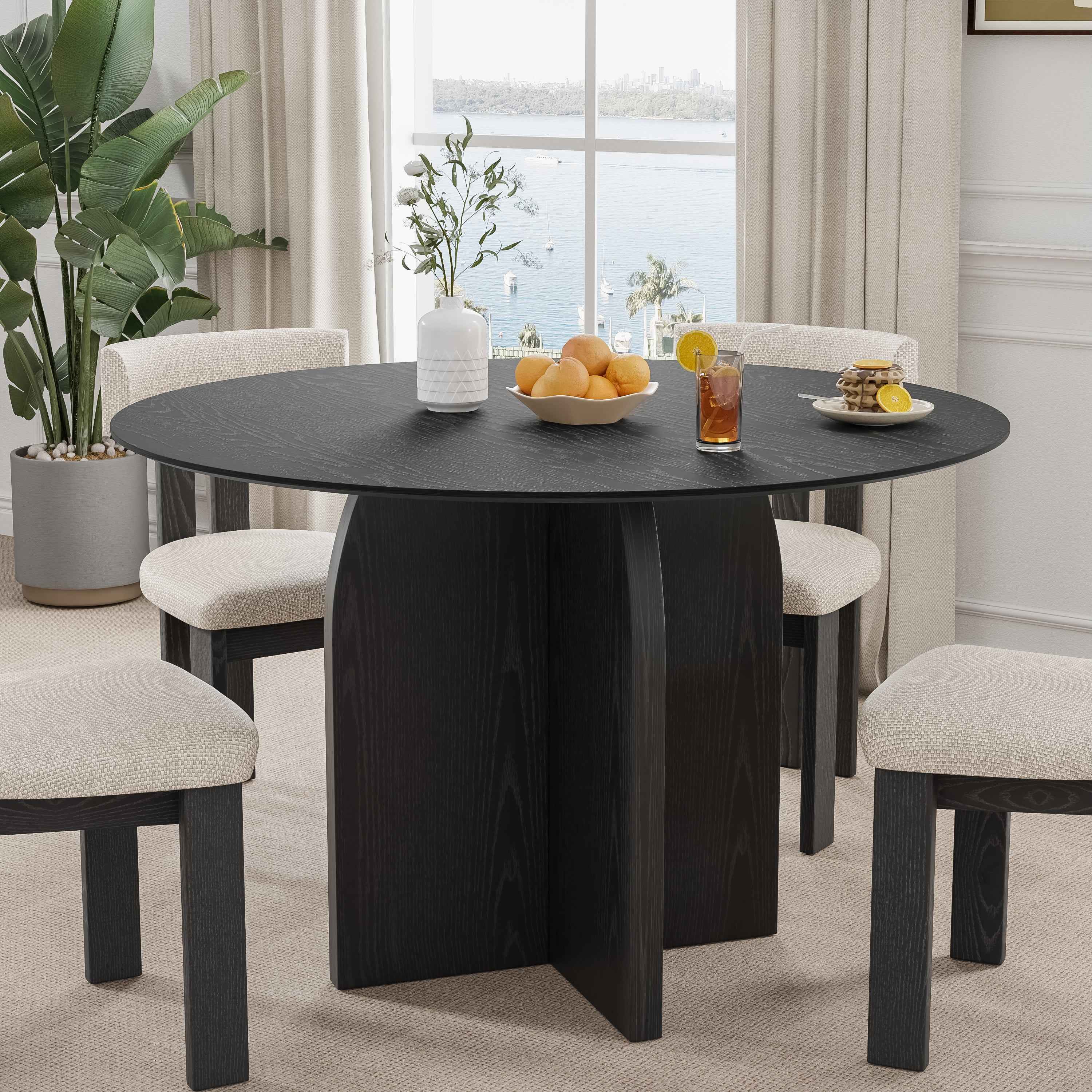 45" Black Solid Wood Pedestal Base Round Top Dining Table