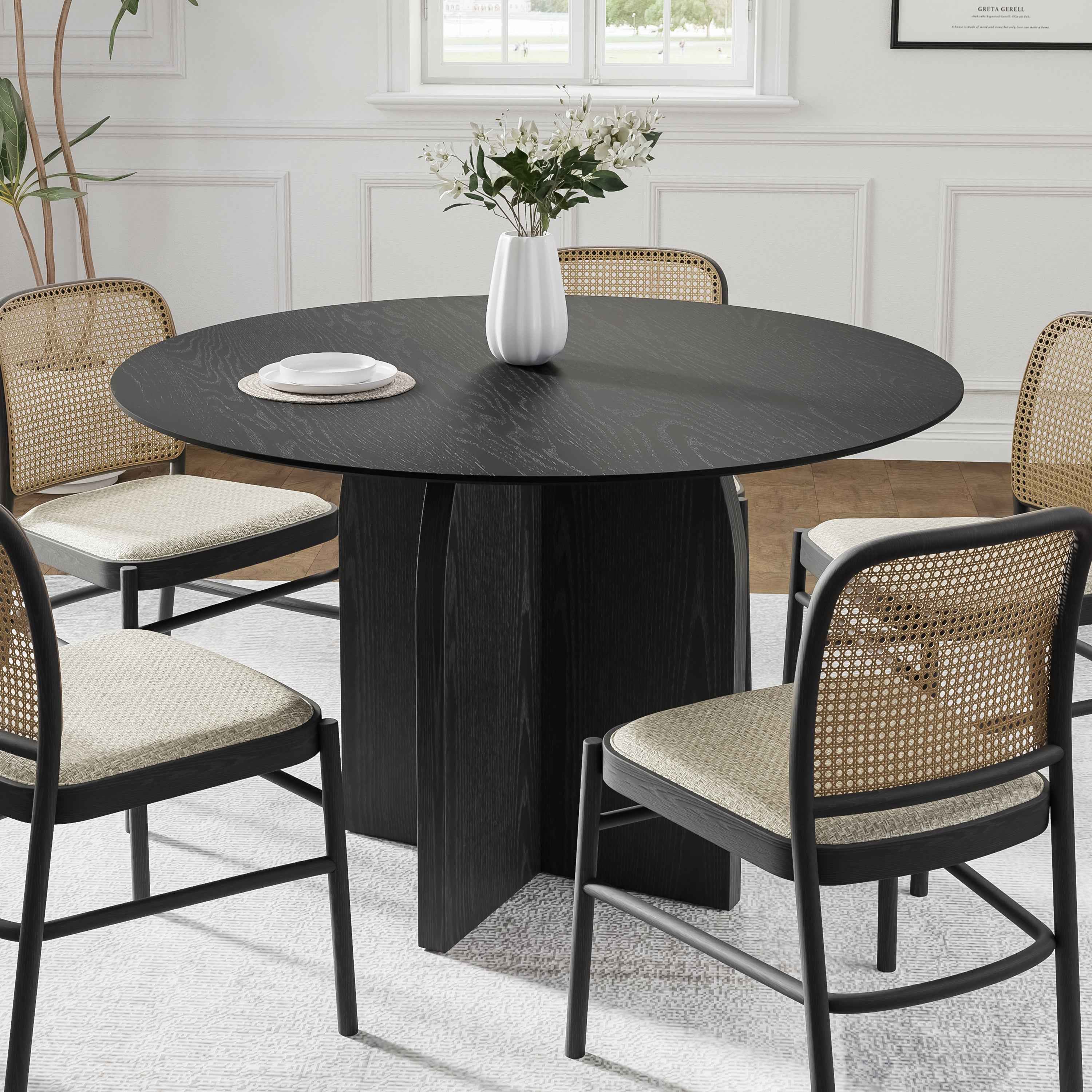 45" Black Solid Wood Pedestal Base Round Top Dining Table