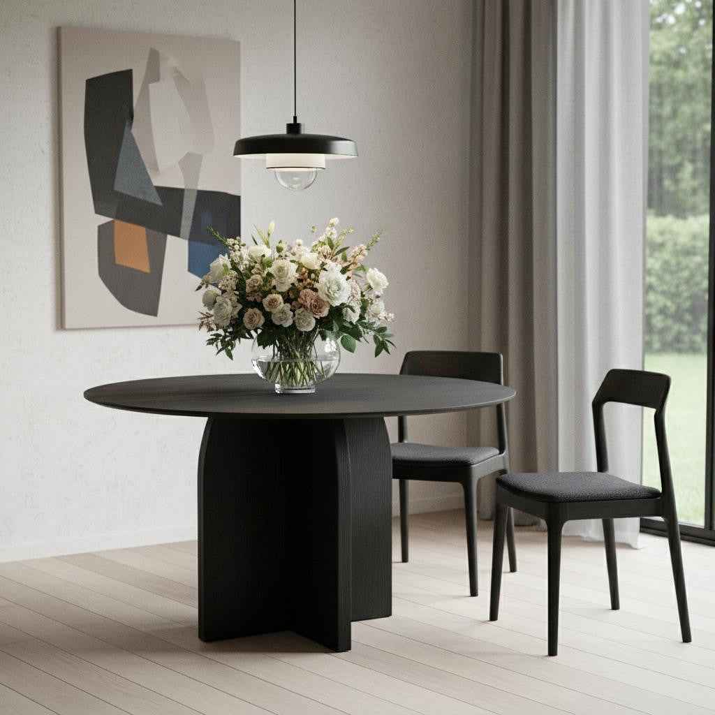 45" Black Solid Wood Pedestal Base Round Top Dining Table