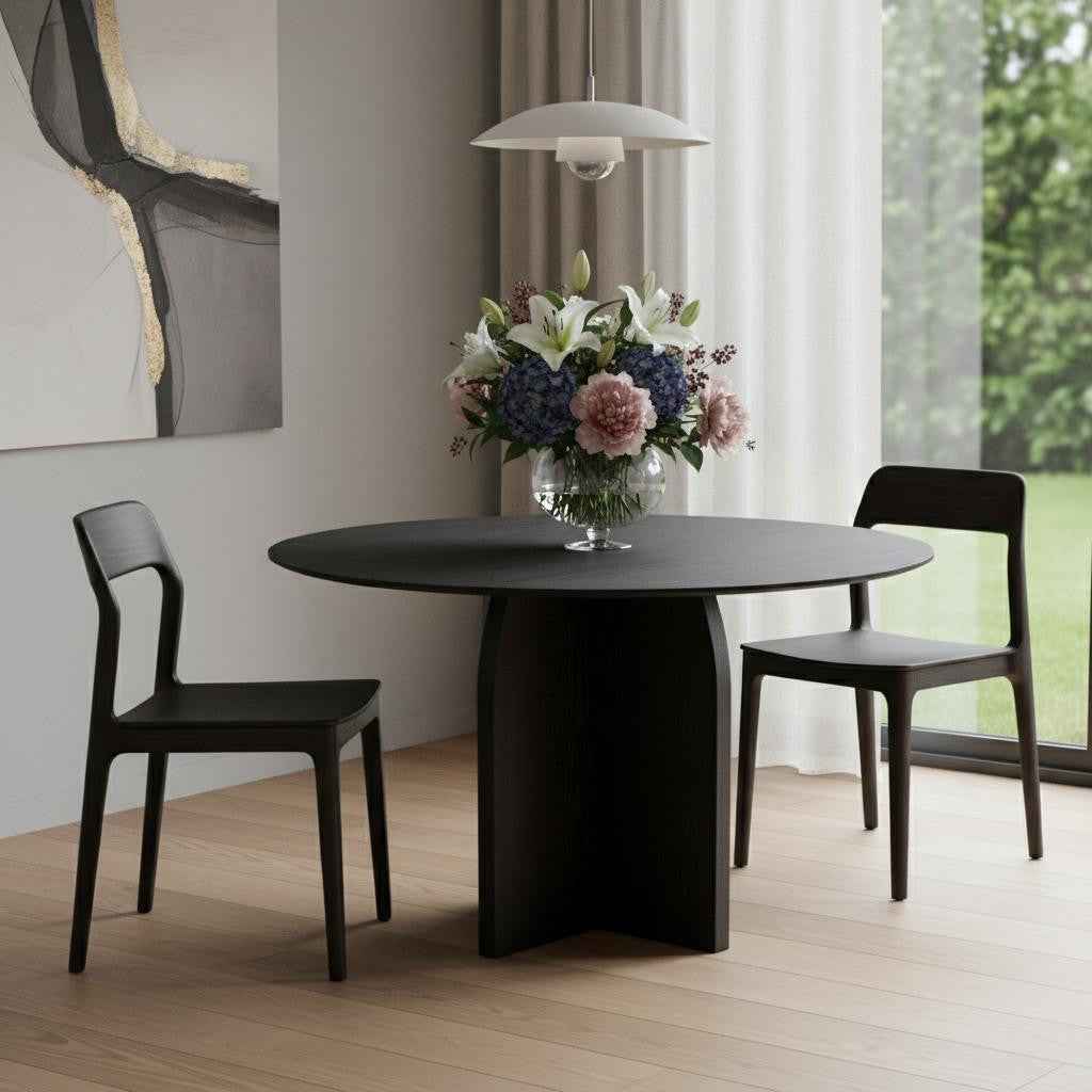 52" Black Solid Wood Pedestal Base Round Top Dining Table