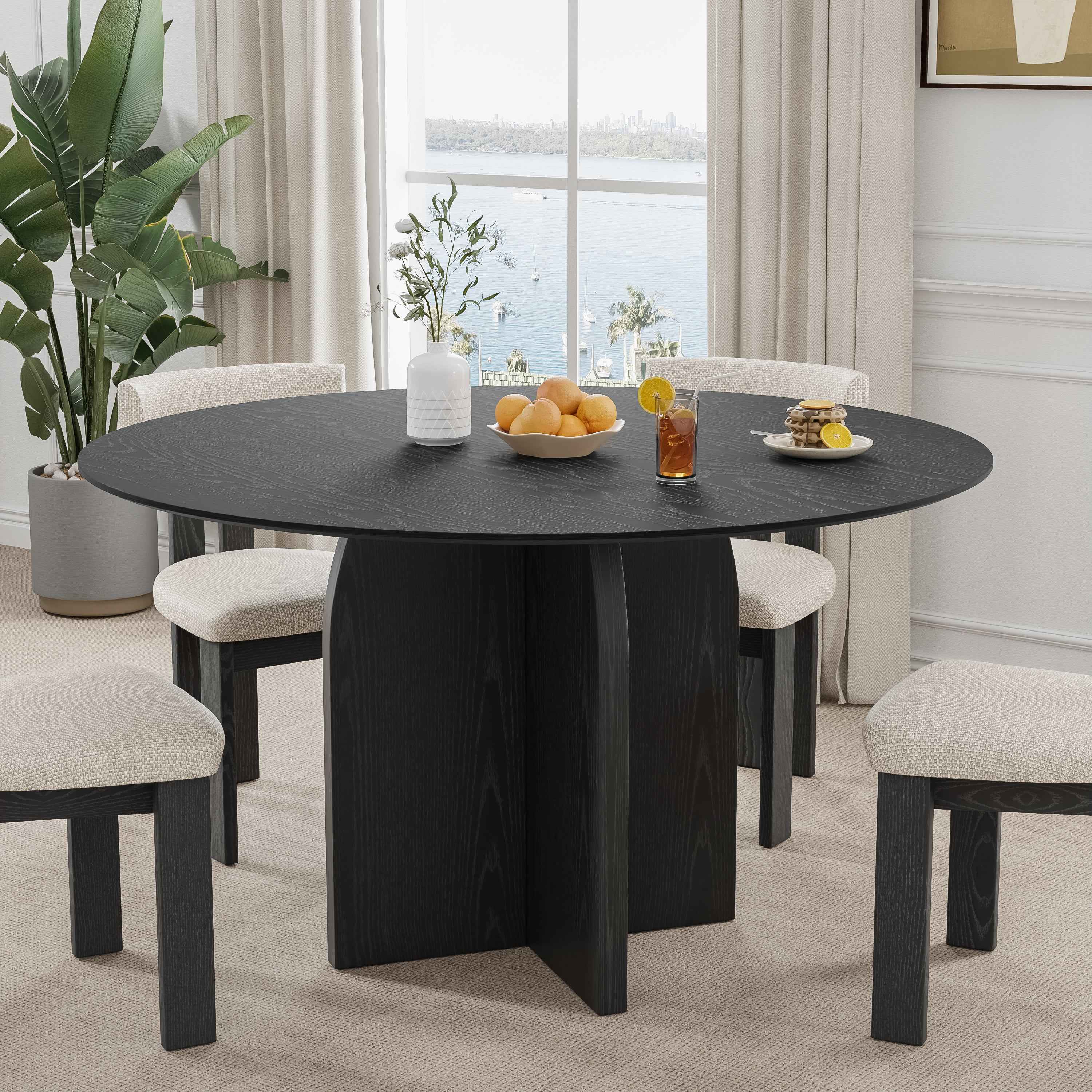 52" Black Solid Wood Pedestal Base Round Top Dining Table