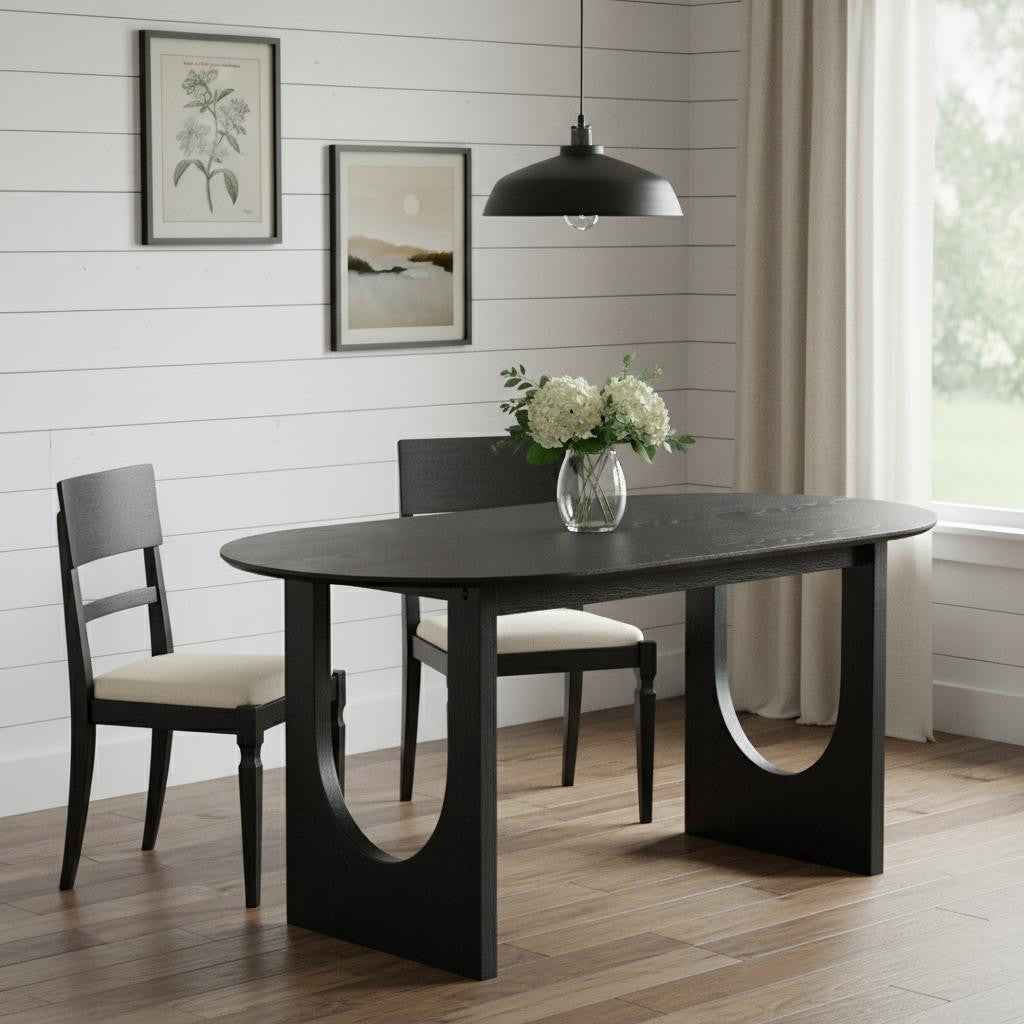 67" Black Solid Wood Mirrored Double Pedestal Base Oval Dining Table