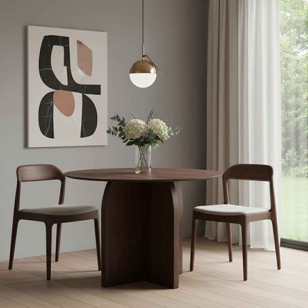 42" Brown Solid Wood Pedestal Base Round Top Dining Table