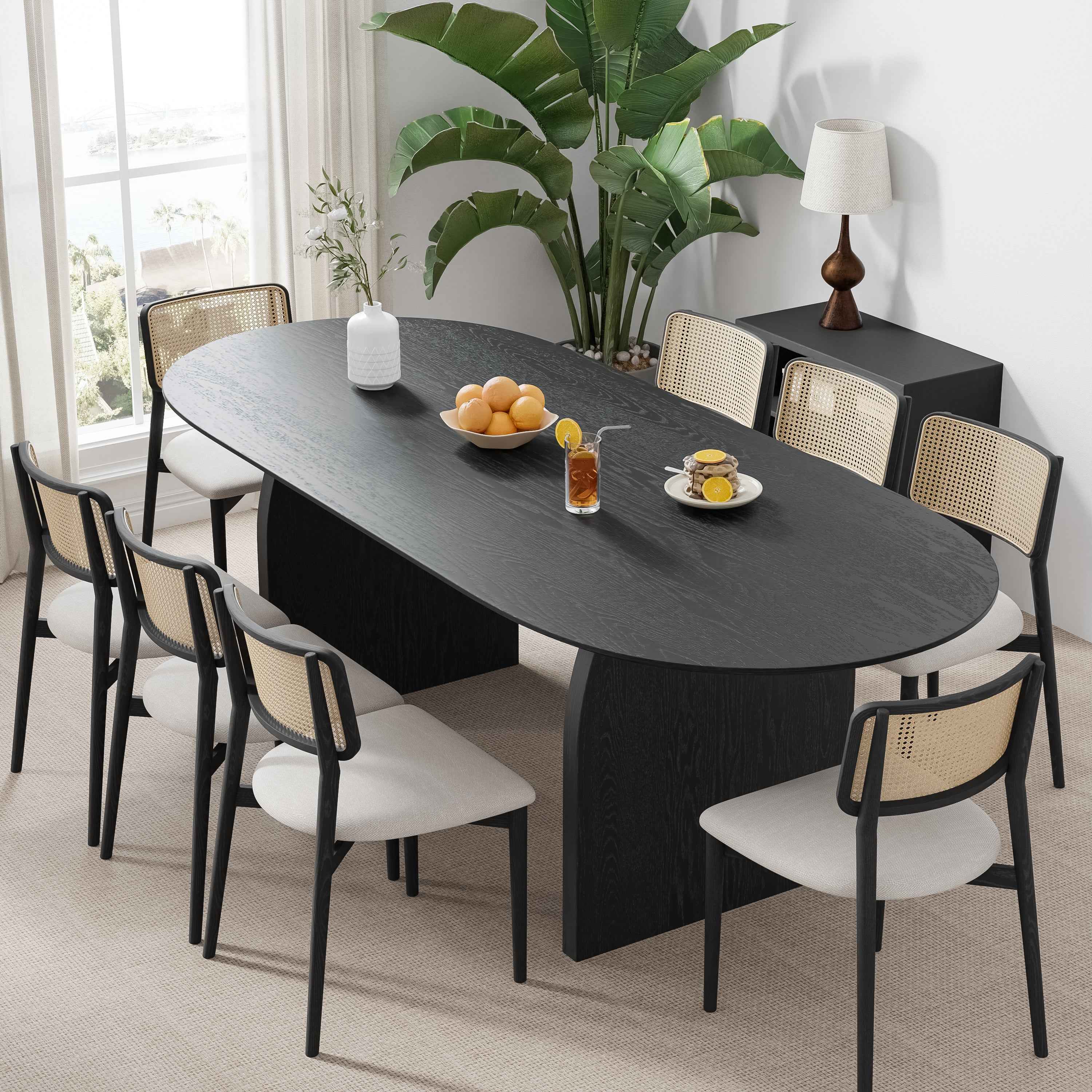 79" Black Solid Wood Mirrored Double Pedestal Base Oval Dining Table